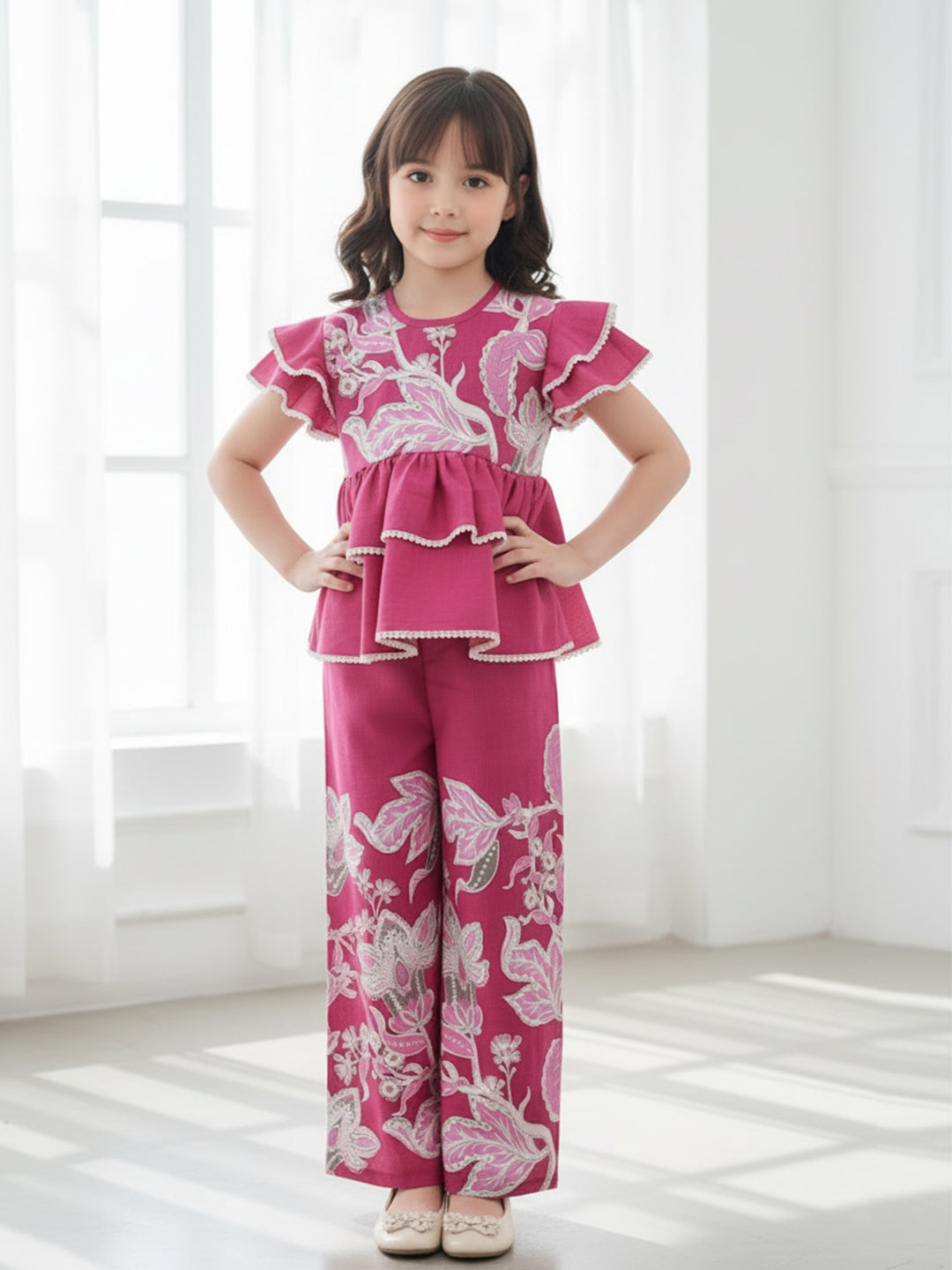 Cutiekins Girls Trendy Floral Print Peplum Top and Straight Leg Pants Co-Ord Set - Pink & White