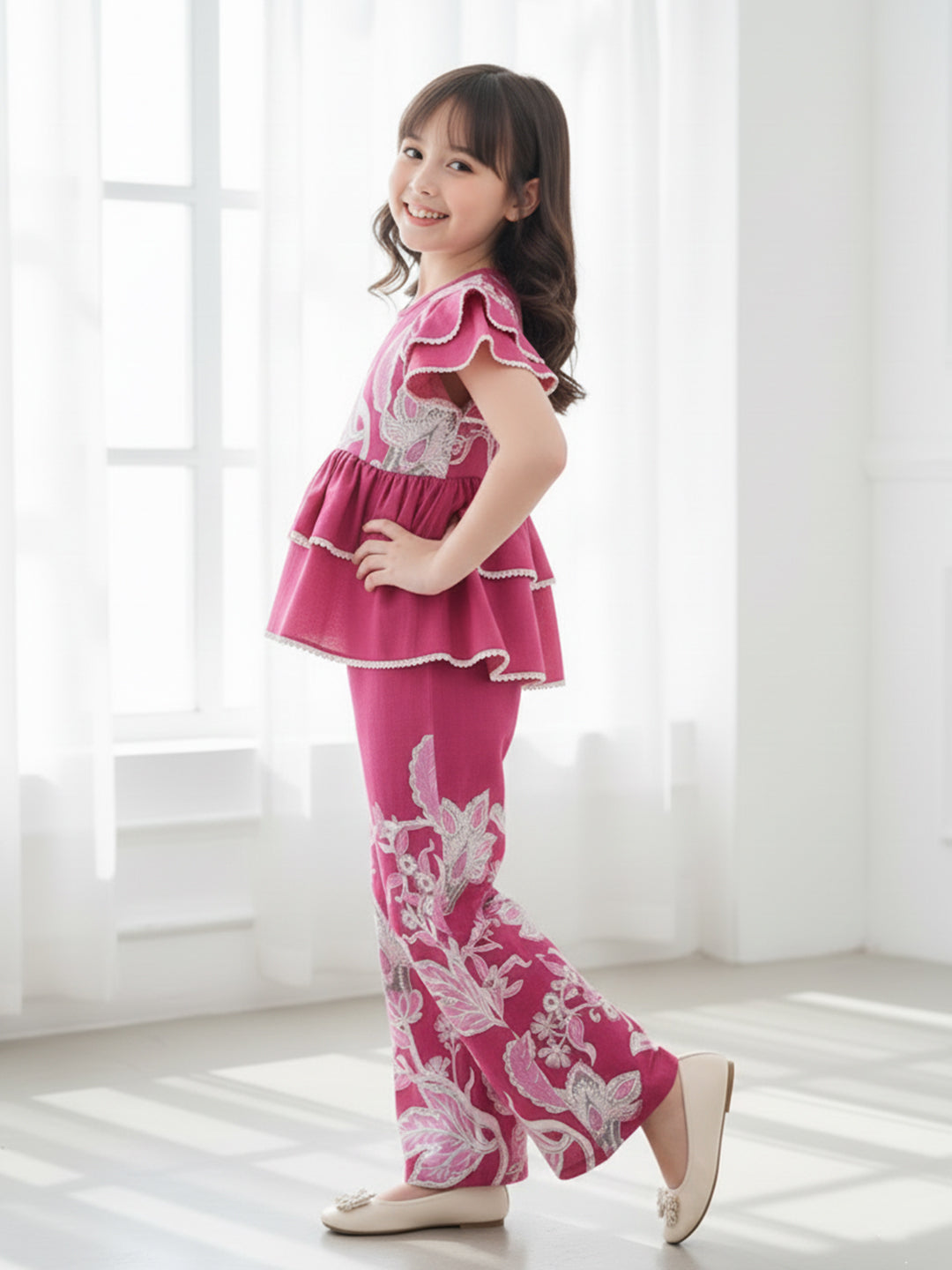 Cutiekins Girls Trendy Floral Print Peplum Top and Straight Leg Pants Co-Ord Set - Pink & White