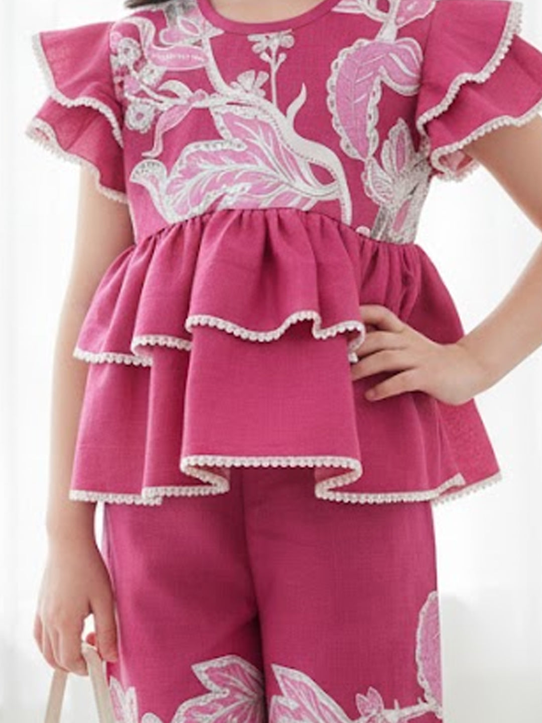 Cutiekins Girls Trendy Floral Print Peplum Top and Straight Leg Pants Co-Ord Set - Pink & White