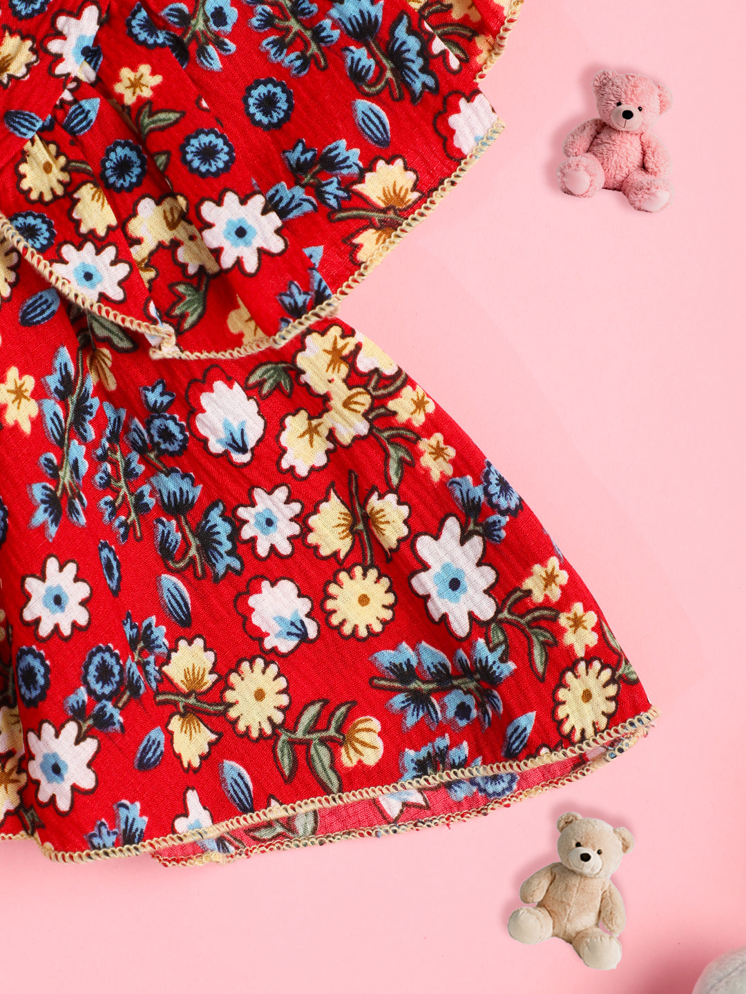 Cutiekins Girls Floral Printed Embellished Ruffles Crop Top -Red & Multi
