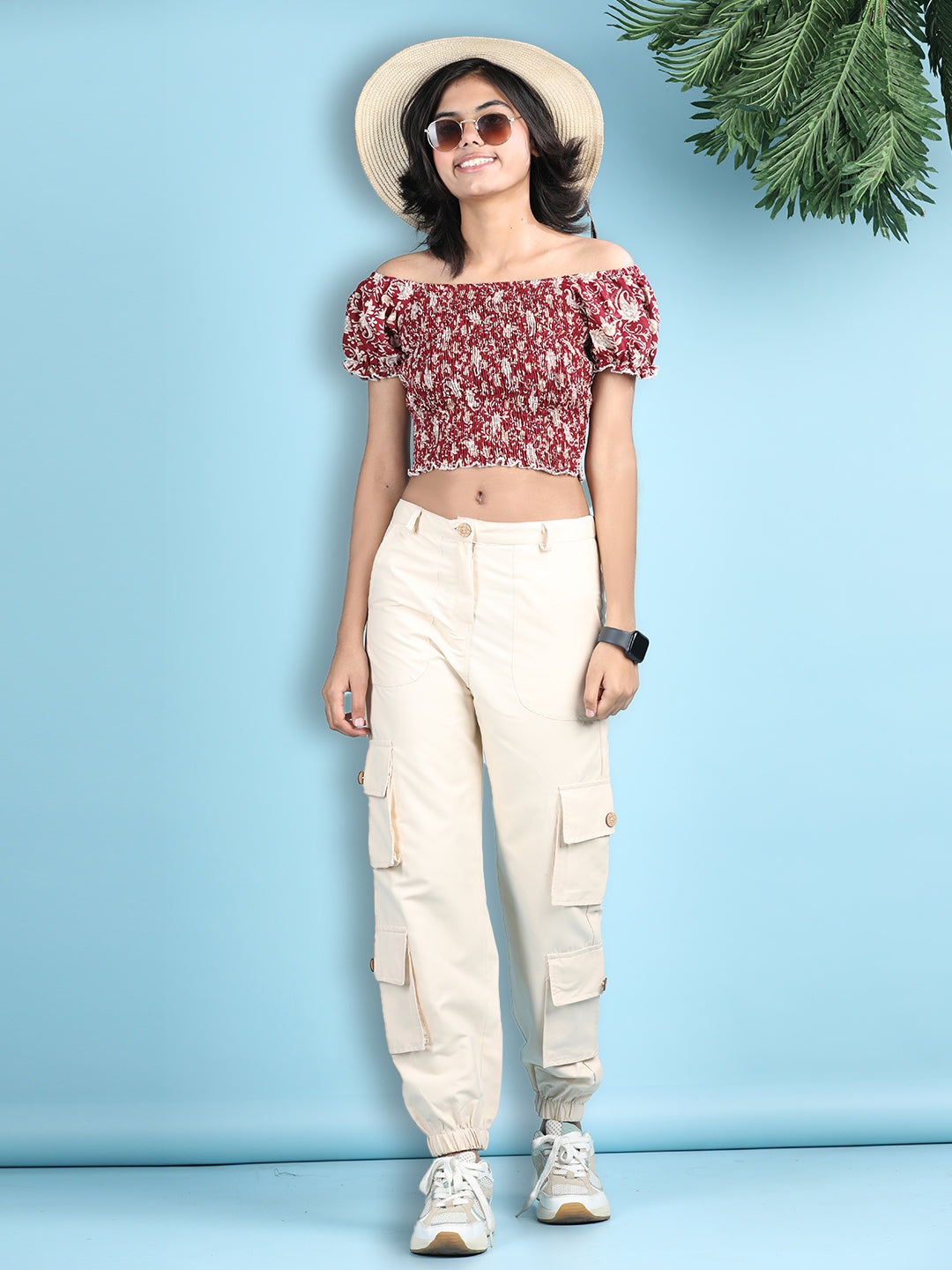 Cutiekins Girls Trendy Bold Look Crop Top With Solid Cargo -Maron & White