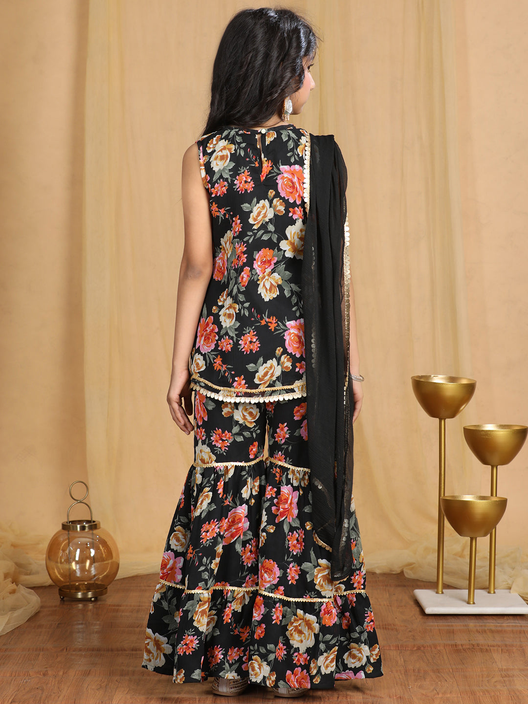 Cutiekins Girls Floral Print Sequined Kurta and Sharara with Dupatta -Black & Gold