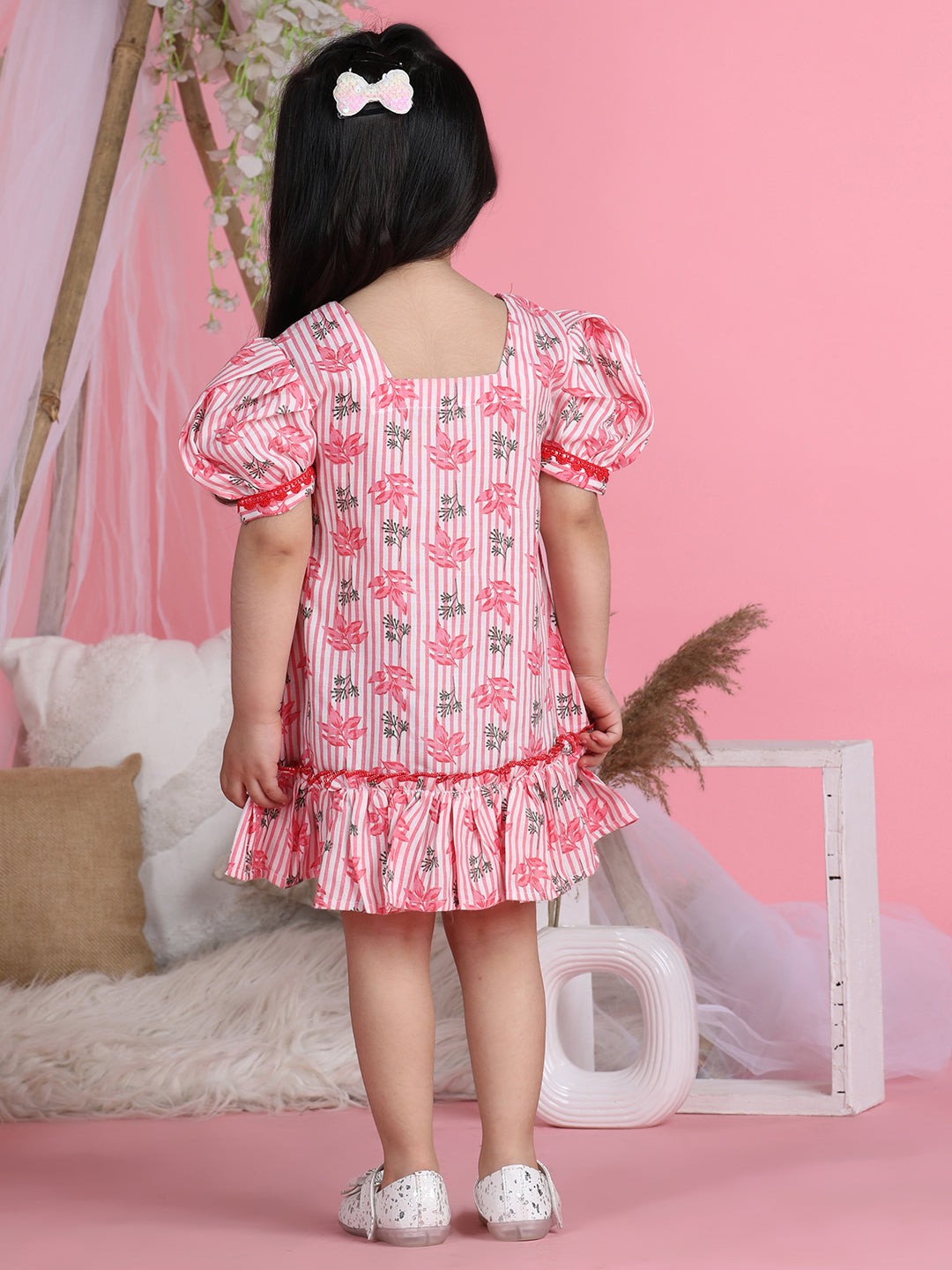Cutiekins Square Neck Printed Flared Dress-Pink & White