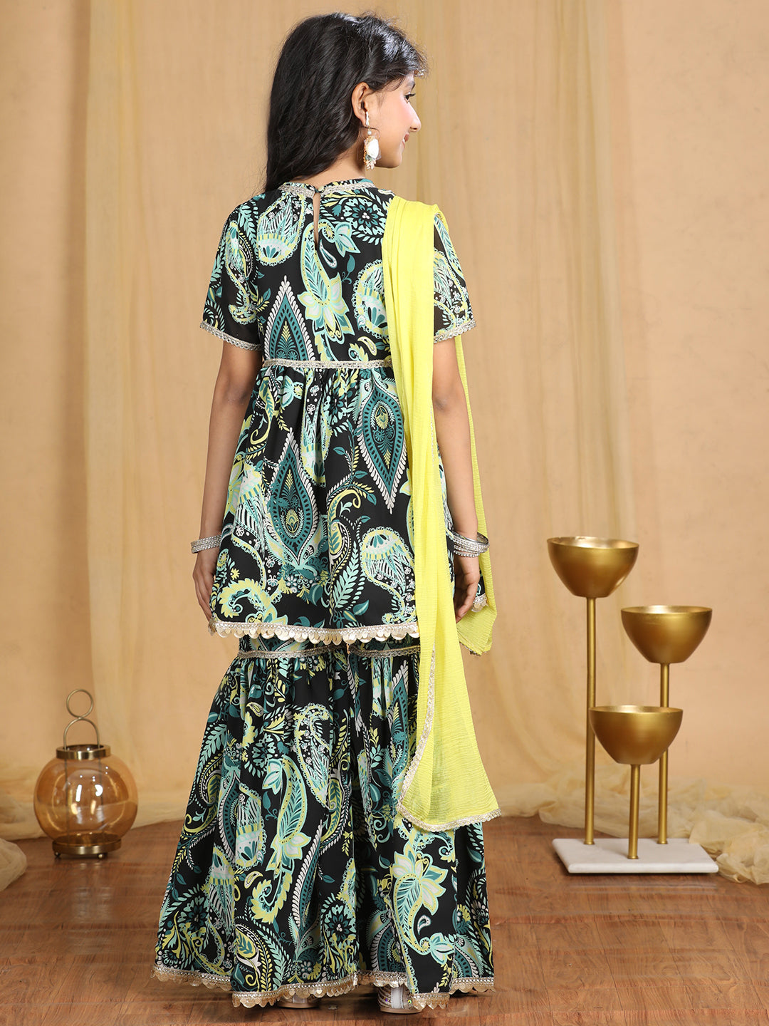 Cutiekins Girls Paisley Print Embroidered Kurta and Sharara with Dupatta -Black & Pista Green