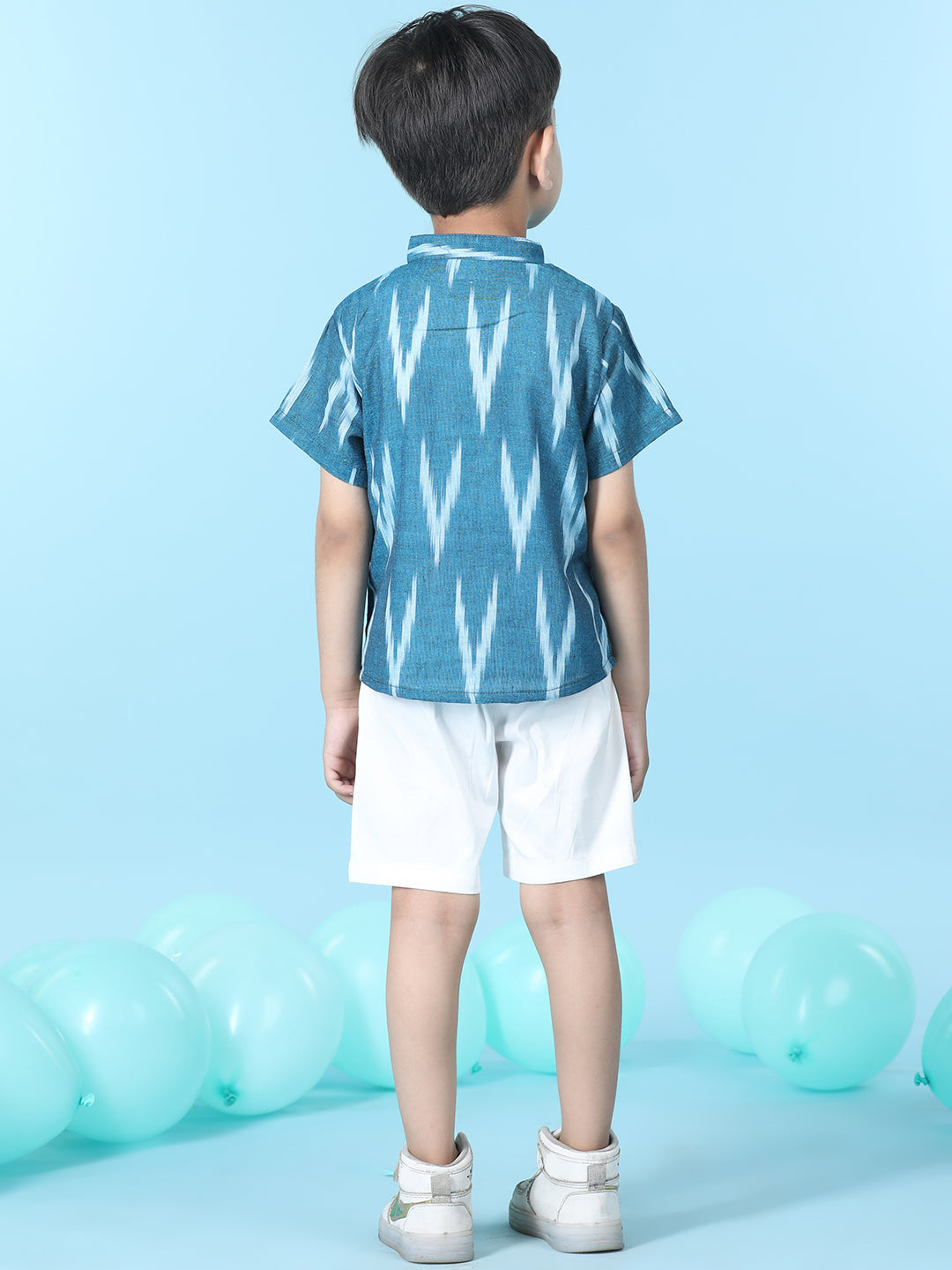 Cutiekins Boys Abstract Print T-Shirt With Solid Lycra Short -Ocean Blue & White