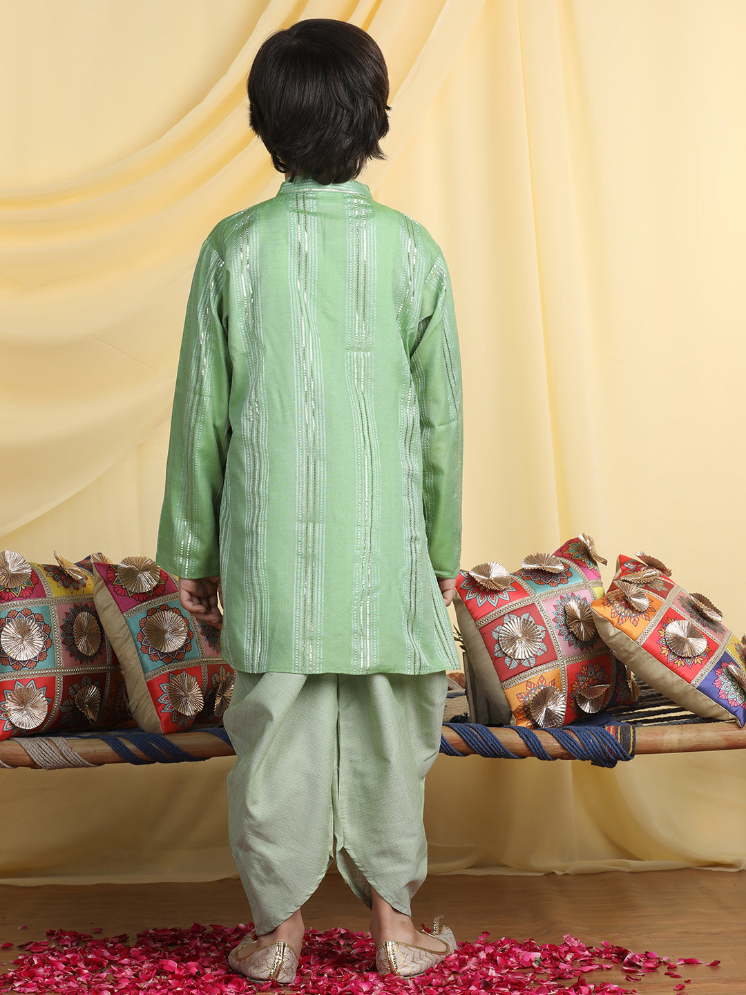 Cutiekins Boys Solid Mandarin Collar Kurta with Dhoti -Green & Silver