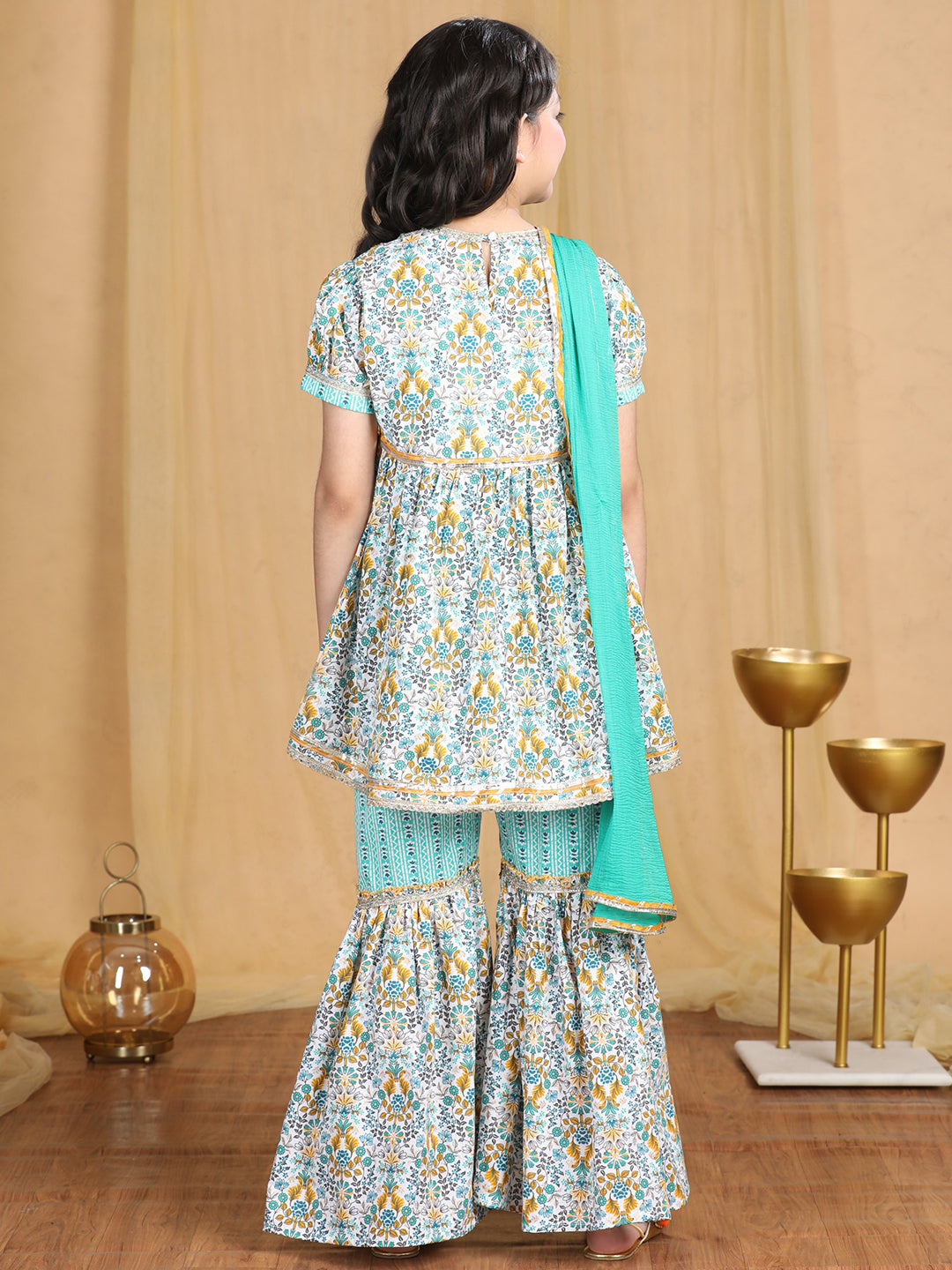 Cutiekins Girls Floral Print Sleeveless Kurta and Sharara with Dupatta -Off White & Green
