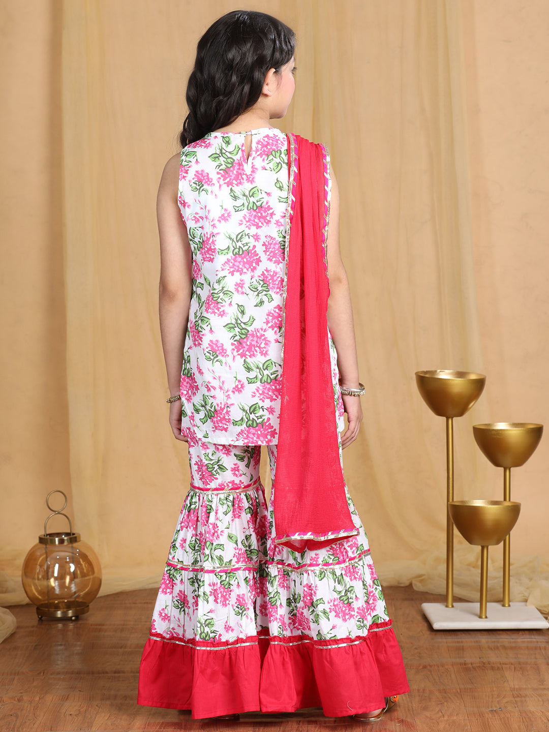 Cutiekins Girls Floral Print Empire Kurta and Sharara with Dupatta -White & Onion Pink