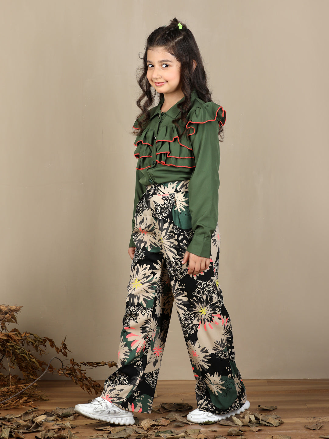 Cutiekins Girls Floral Print Top With Wide Leg Trouser Co-Ord Set - Green & Black