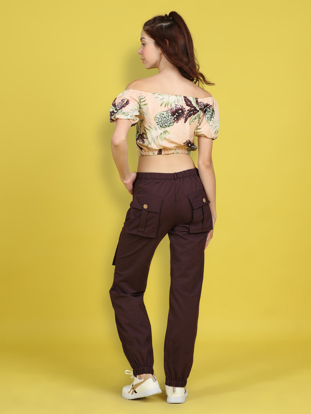Cutiekins Girls Trendy Bold Look Crop Top With Solid Cargo -Peach & Brown