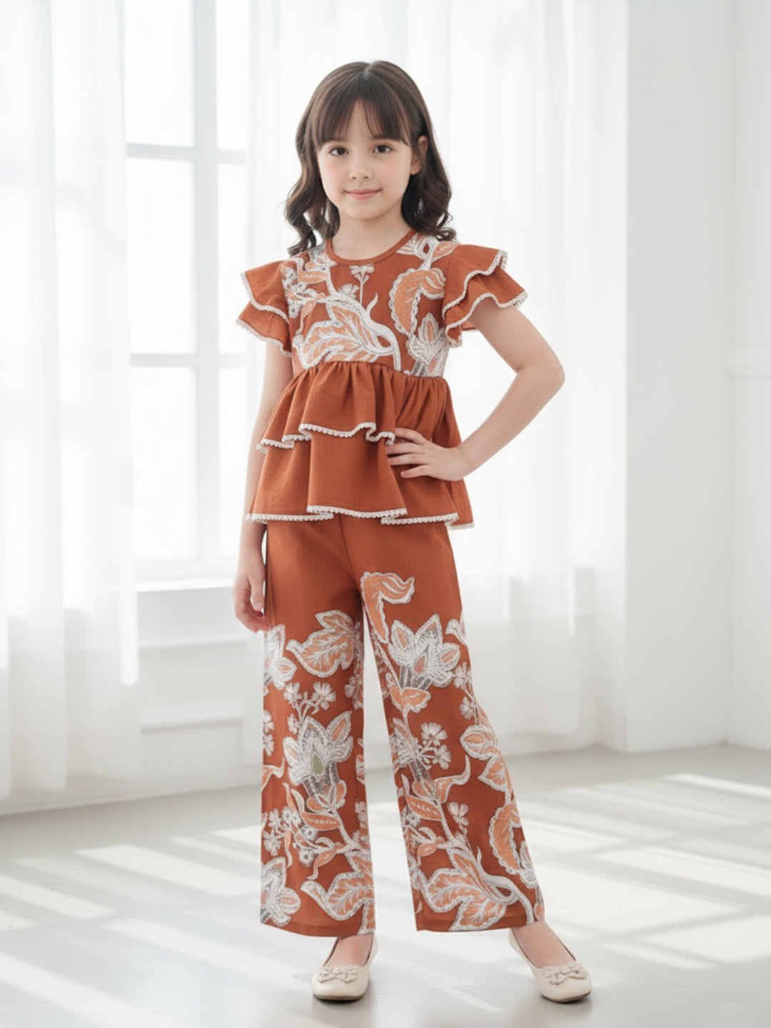 Cutiekins Girls Trendy Floral Print Peplum Top and Straight Leg Pants Co-Ord Set - Rust & White