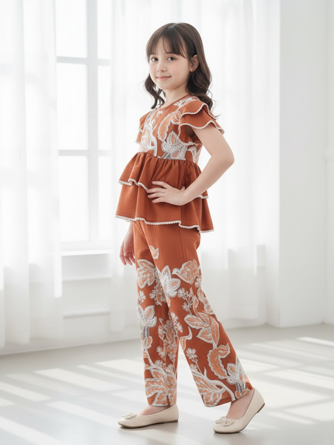 Cutiekins Girls Trendy Floral Print Peplum Top and Straight Leg Pants Co-Ord Set - Rust & White