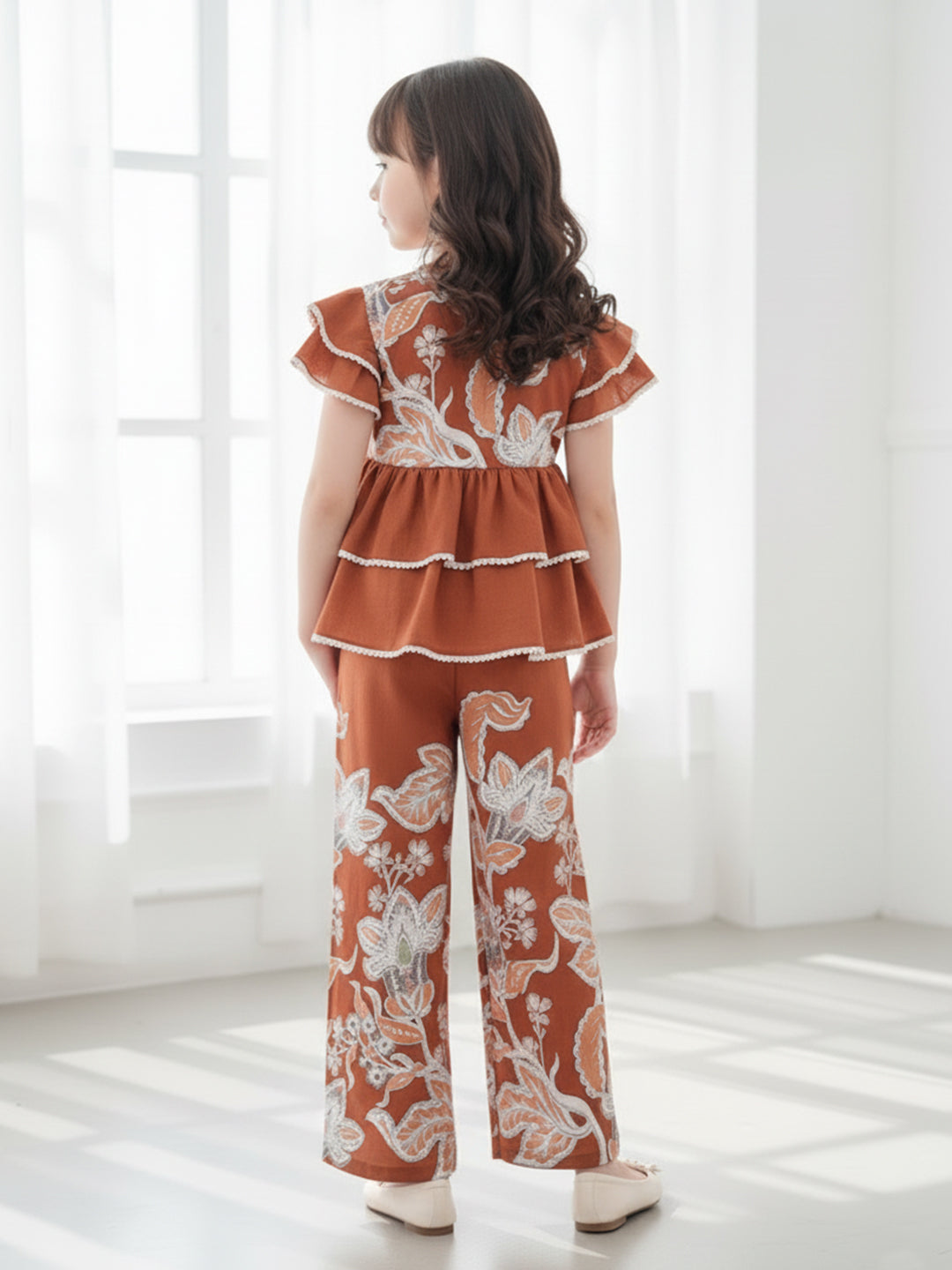 Cutiekins Girls Trendy Floral Print Peplum Top and Straight Leg Pants Co-Ord Set - Rust & White