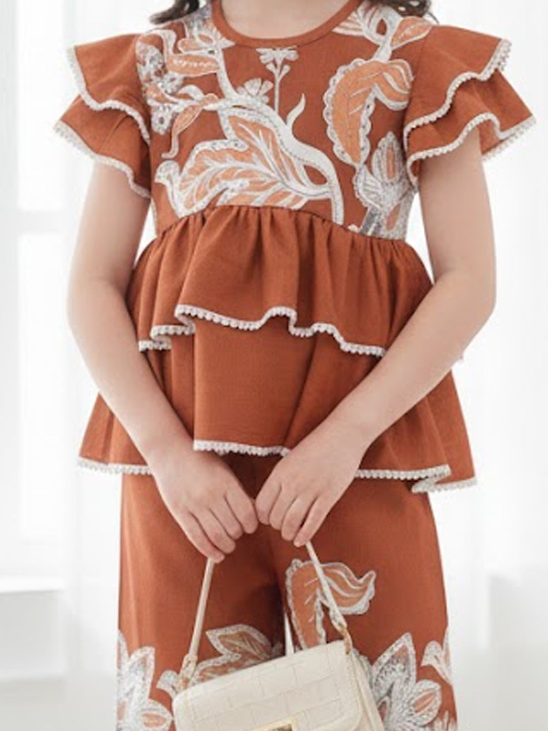 Cutiekins Girls Trendy Floral Print Peplum Top and Straight Leg Pants Co-Ord Set - Rust & White
