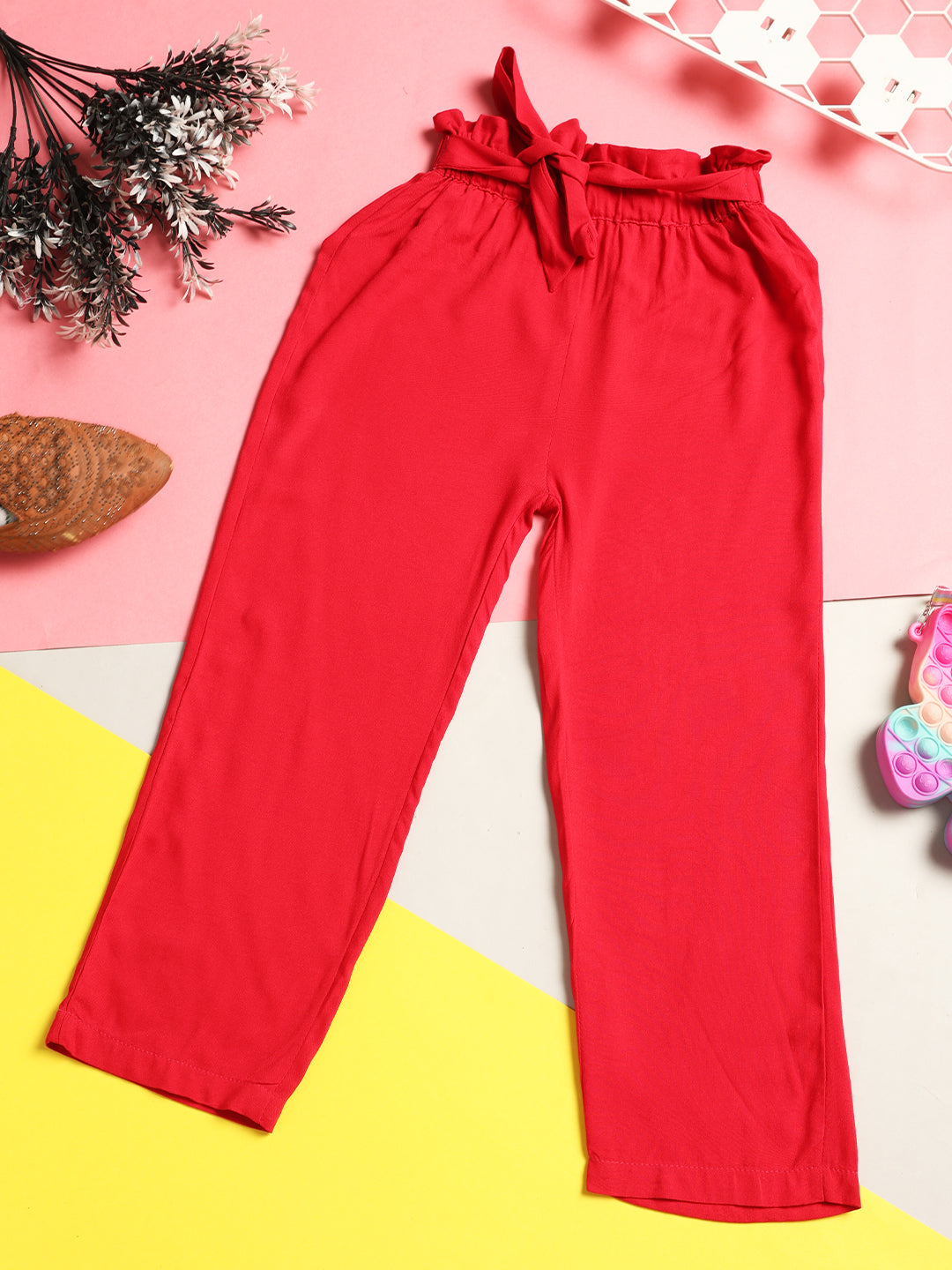 Cutiekins Girls Casual Solid Palazzo with Belt -Magenta