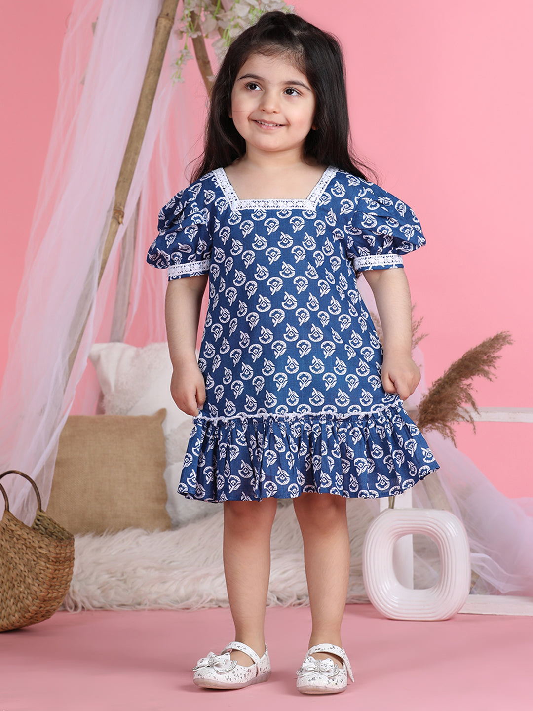 Cutiekins Square Neck Printed Flared Dress-Navy Blue & White