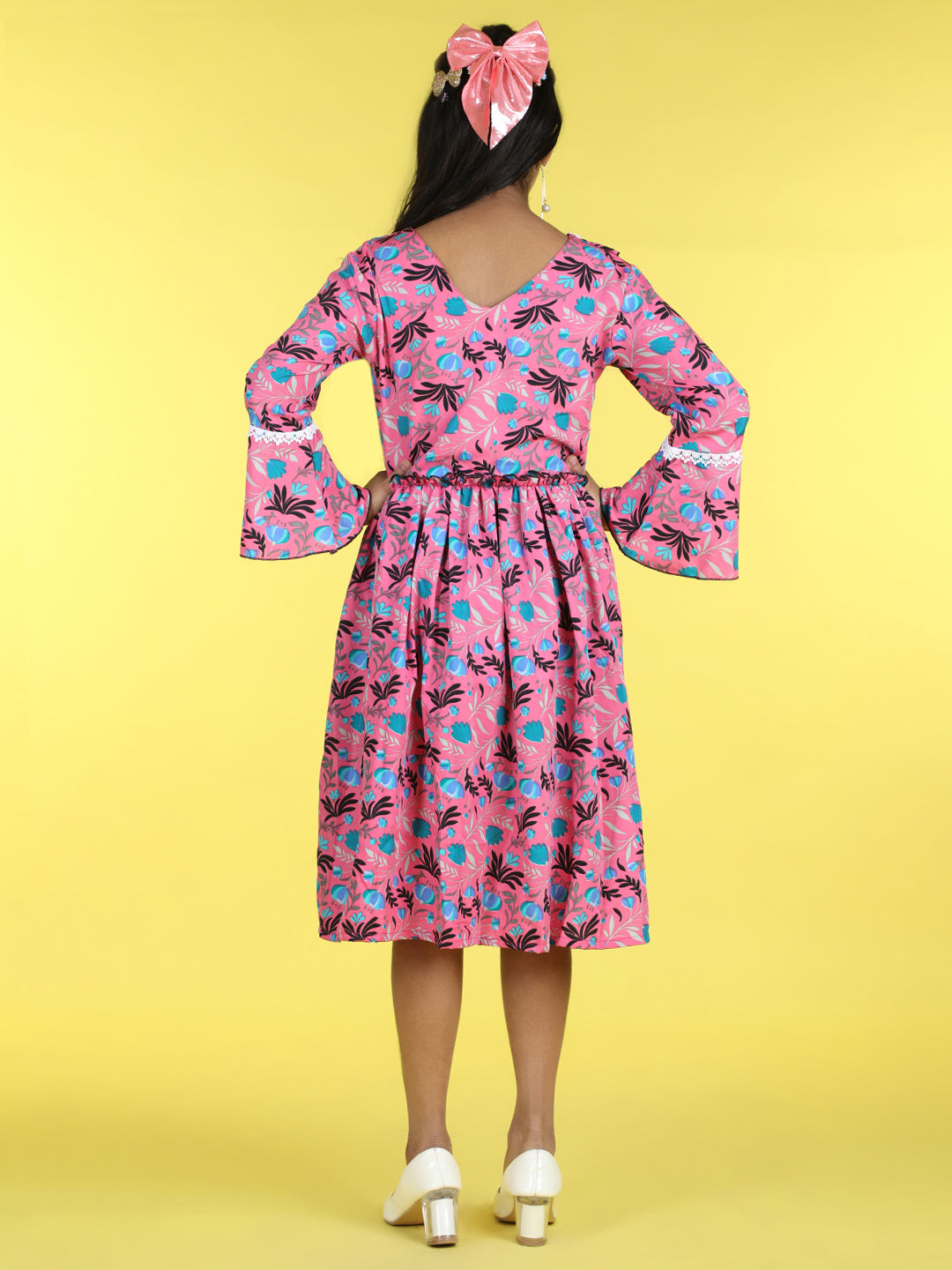 Cutiekins V-Neck Printed Flared Dress-Pink & Blue
