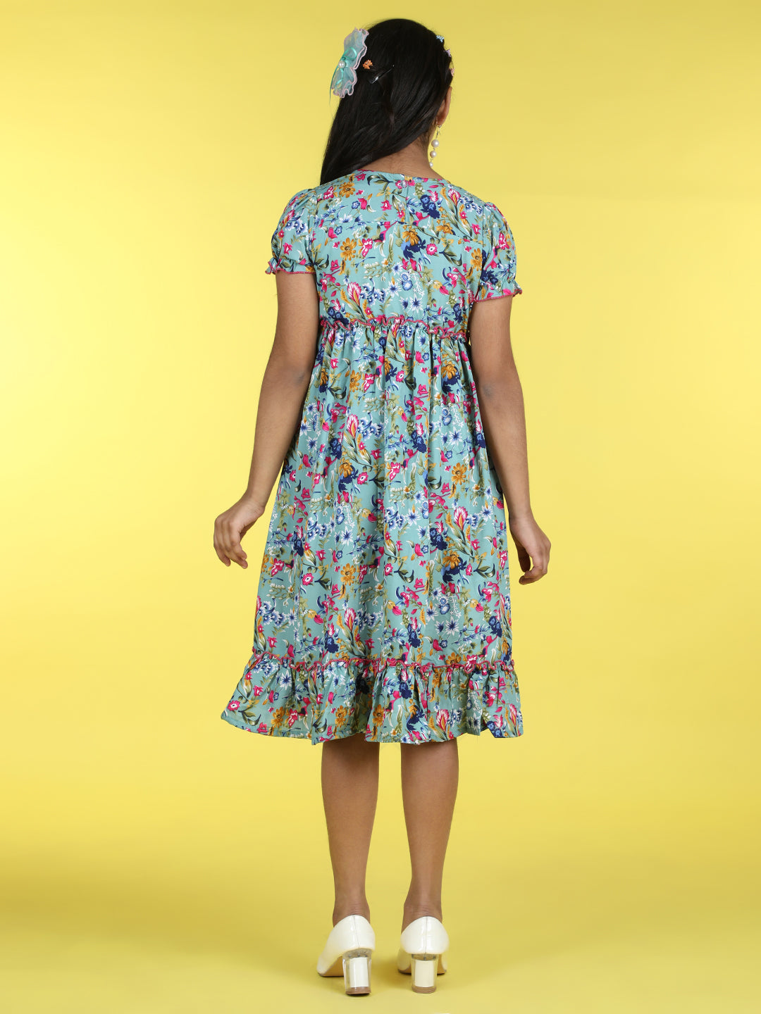 Cutiekins Round Neck Printed Flared Dress-Sea Green & Pink