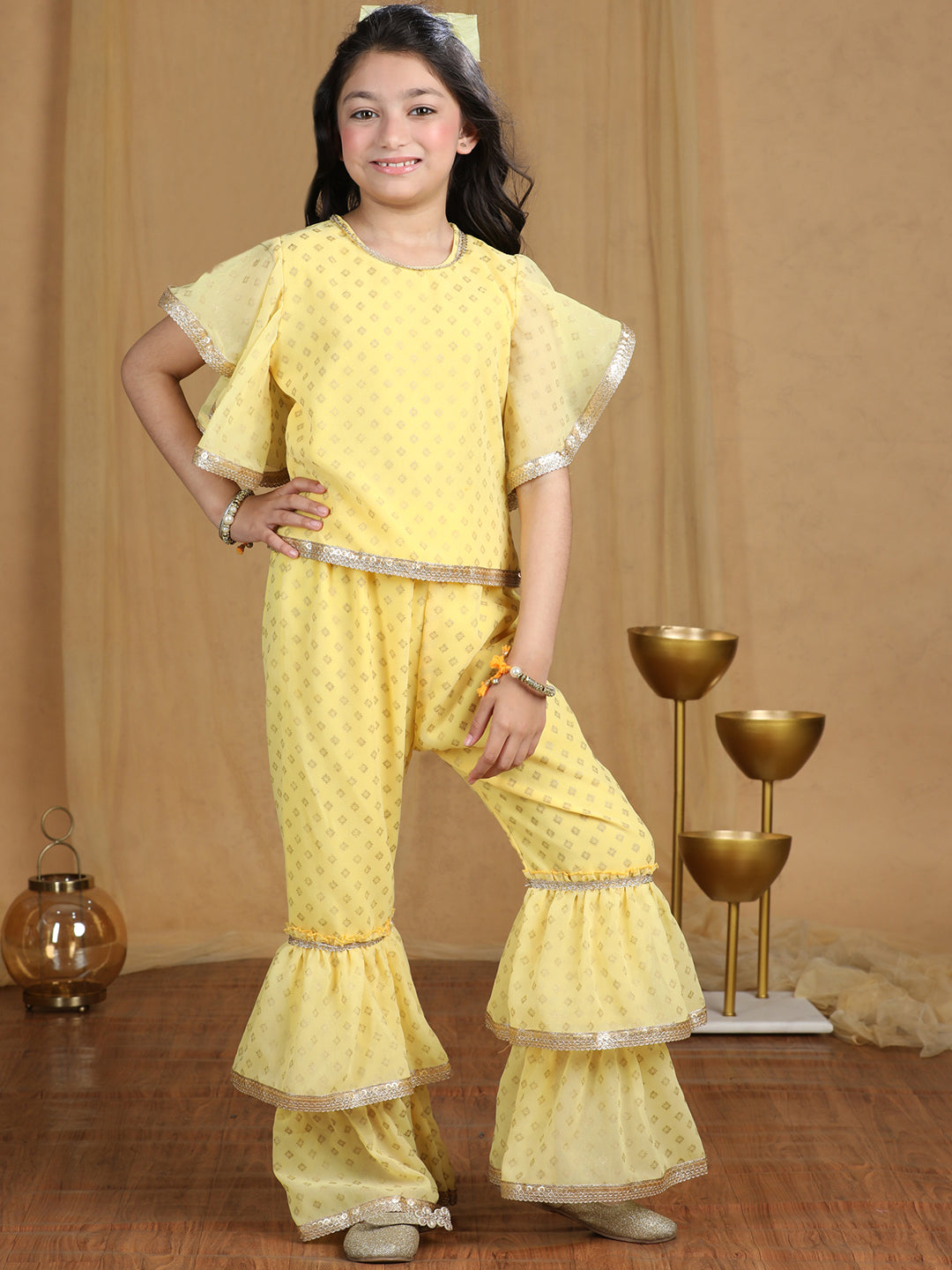 Cutiekins Girls Embroidered and Self Design A-line Kurta and Sharara -Yellow & Gold