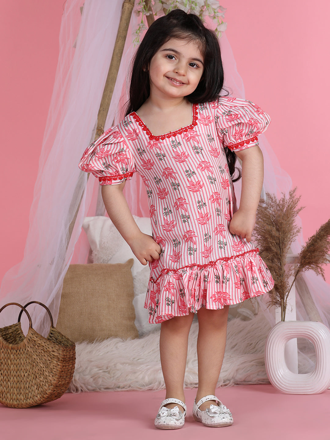 Cutiekins Square Neck Printed Flared Dress-Pink & White
