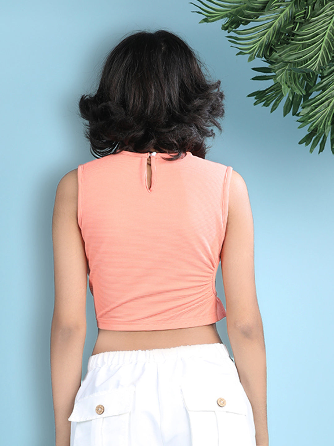 Cutiekins Girls Solid Embellished Crop Tops(Pack of 2) -Peach & Blue