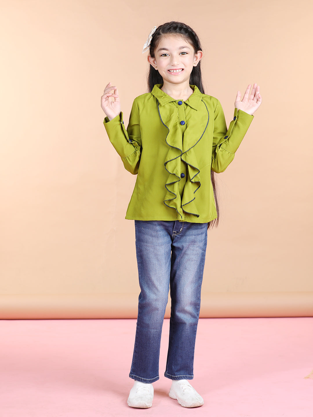 Cutiekins Polyester Front Frill Full Sleeves Top -Green & Black