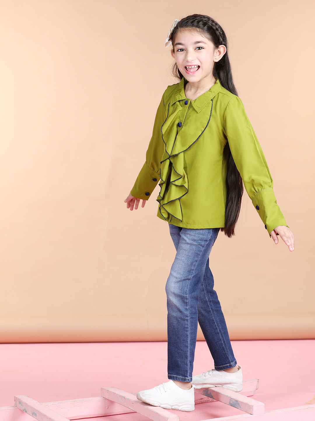 Cutiekins Polyester Front Frill Full Sleeves Top -Green & Black