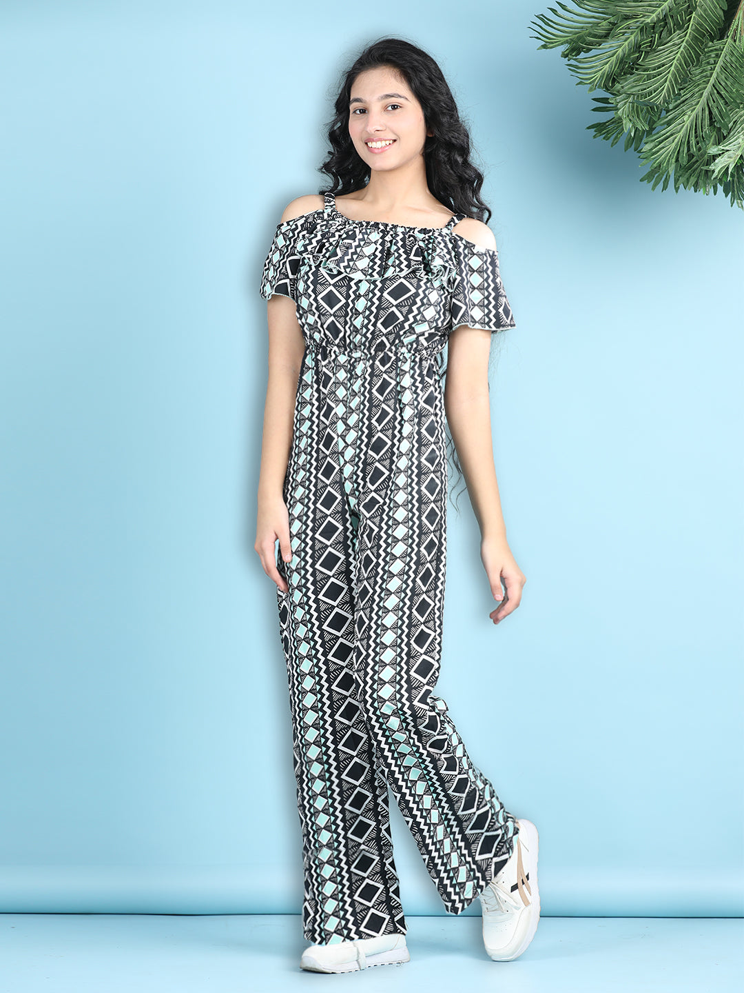 Cutiekins Girls Stylish Geomatric Print Embellished Jumpsuit -Black & Off White