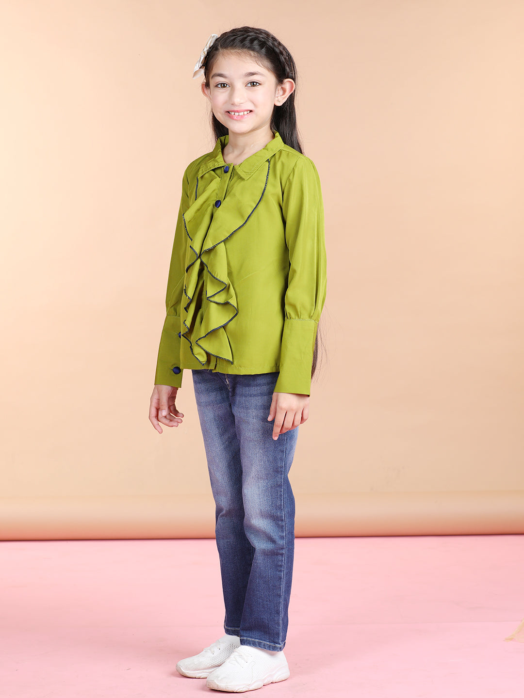Cutiekins Polyester Front Frill Full Sleeves Top -Green & Black