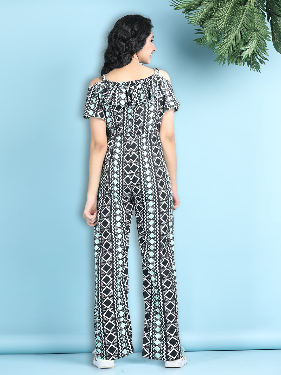 Cutiekins Girls Stylish Geomatric Print Embellished Jumpsuit -Black & Off White