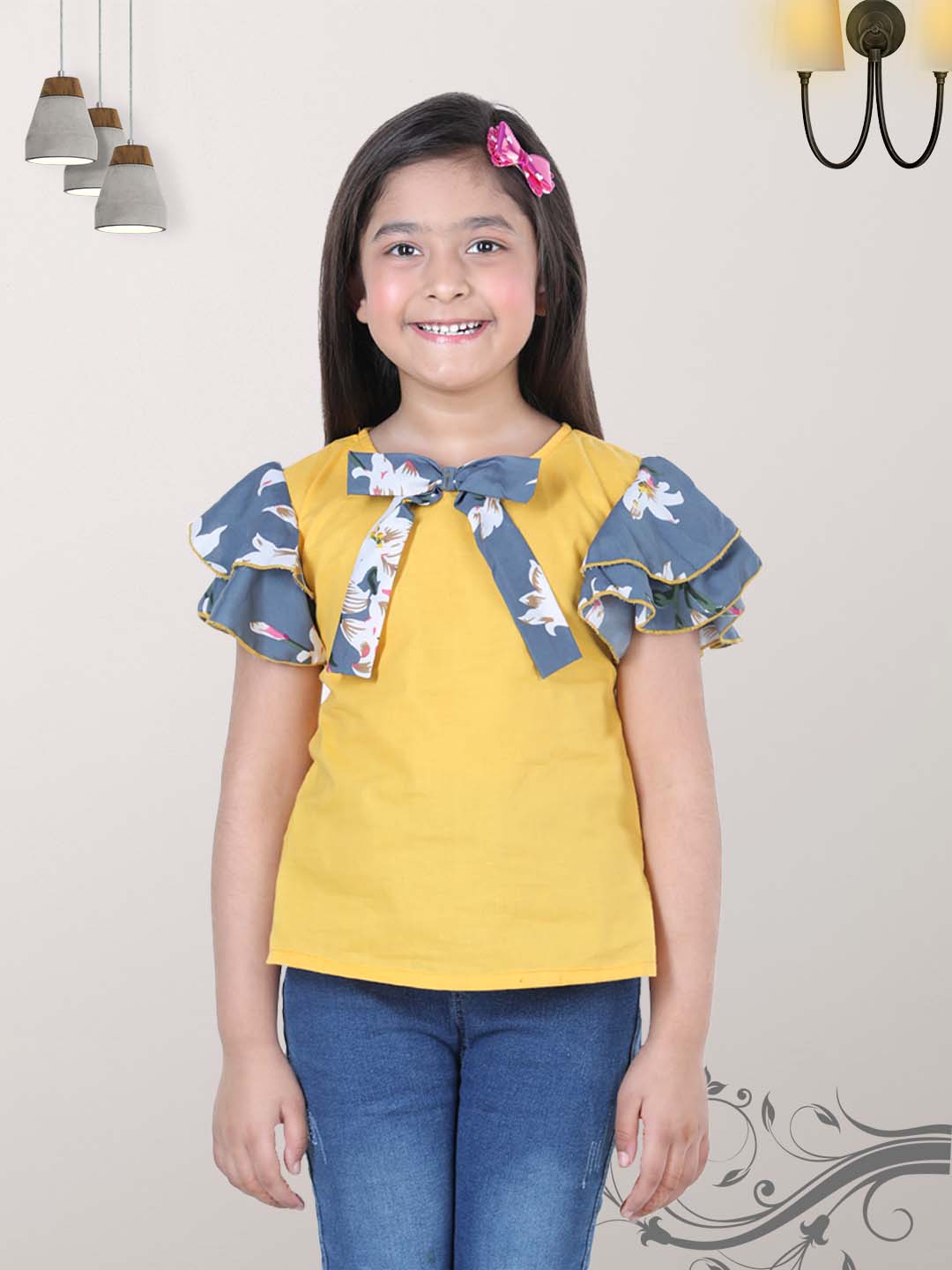 Cutiekins Solid Top For Girls - Yellow & Grey