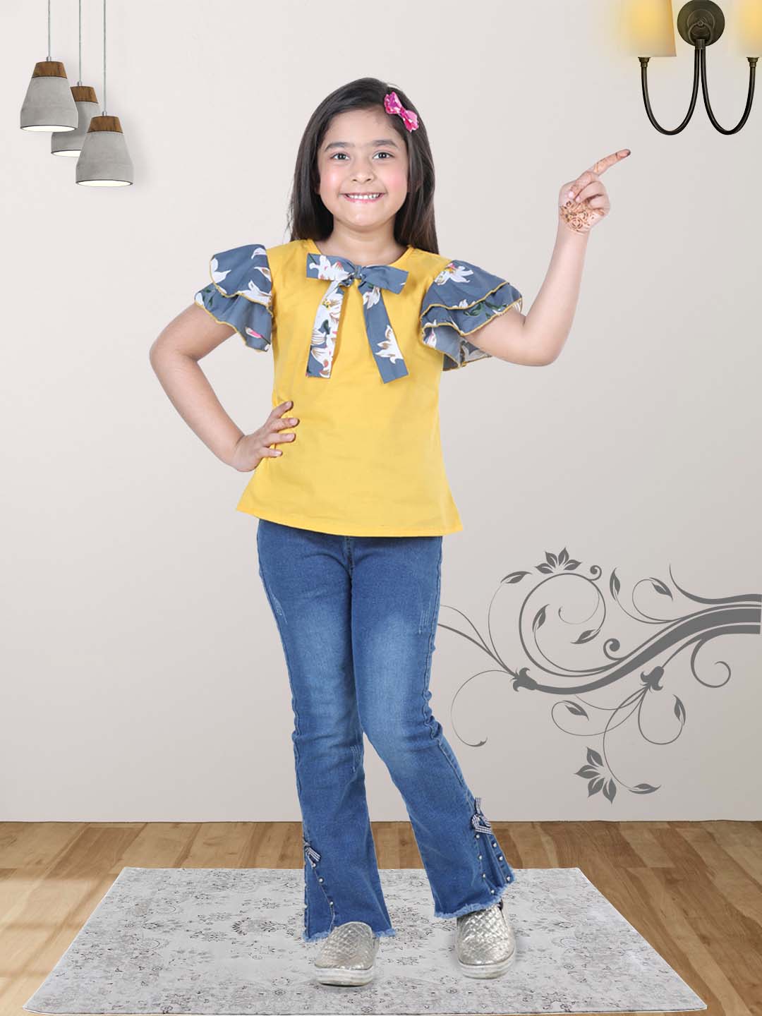 Cutiekins Solid Top For Girls - Yellow & Grey