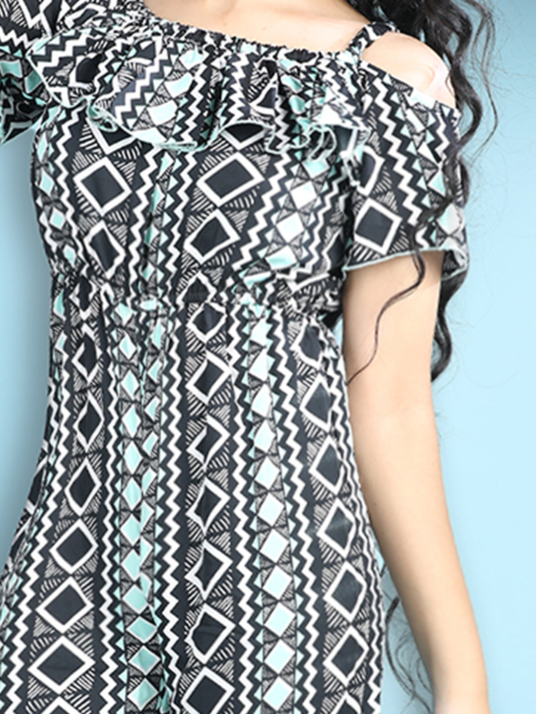 Cutiekins Girls Stylish Geomatric Print Embellished Jumpsuit -Black & Off White