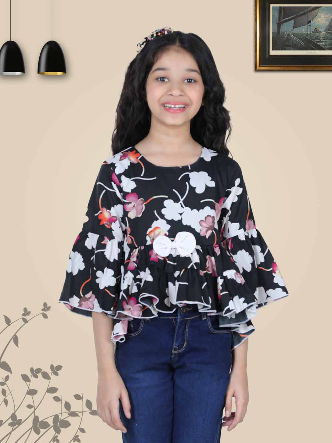 Cutiekins Floral Print Top For Girls - Black & White