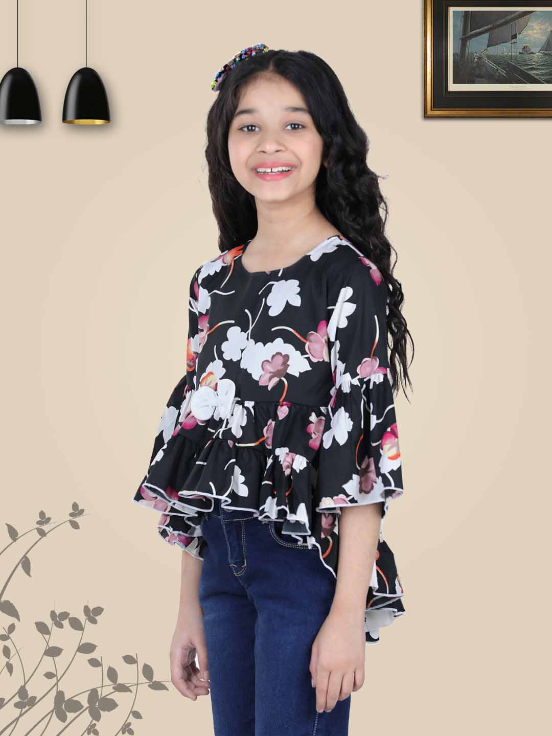 Cutiekins Floral Print Top For Girls - Black & White