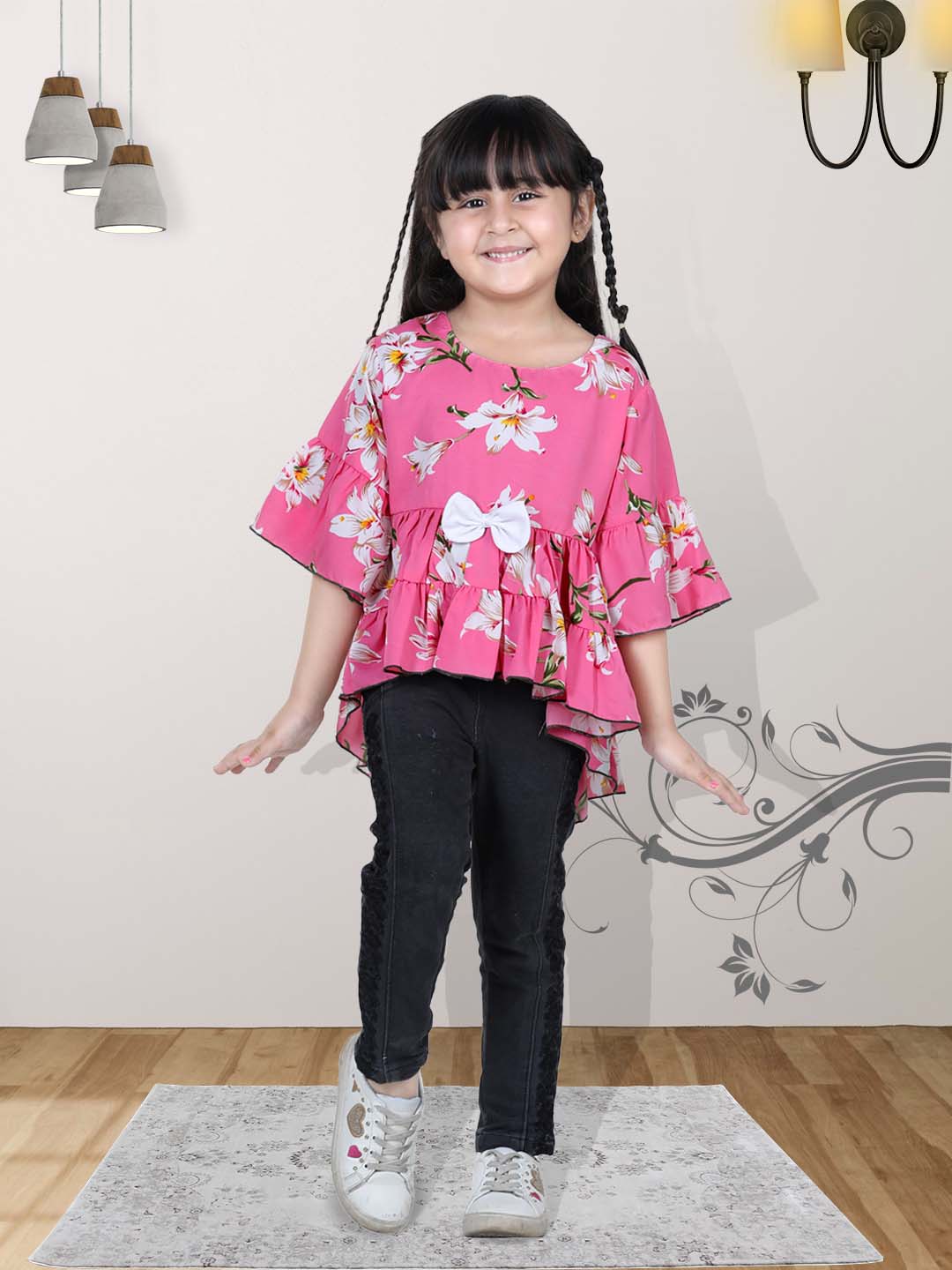 Cutiekins Floral Print Top For Girls - Pink & White