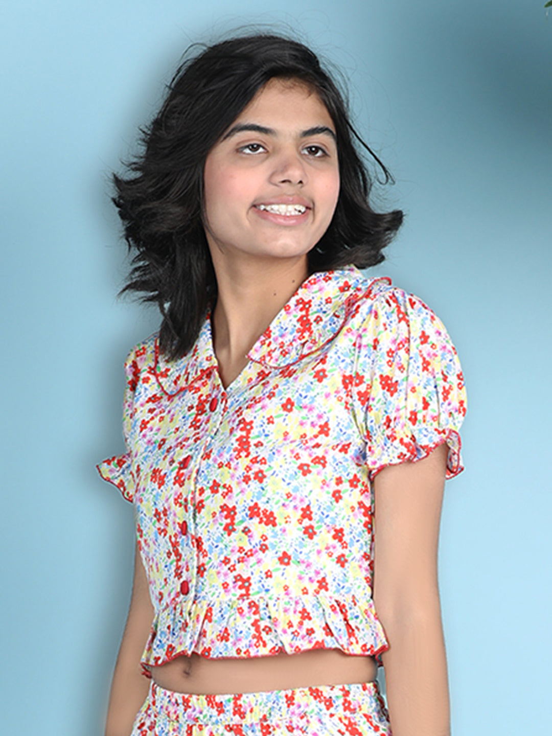 Cutiekins Girls Printed Embellished Top -Yellow & Red