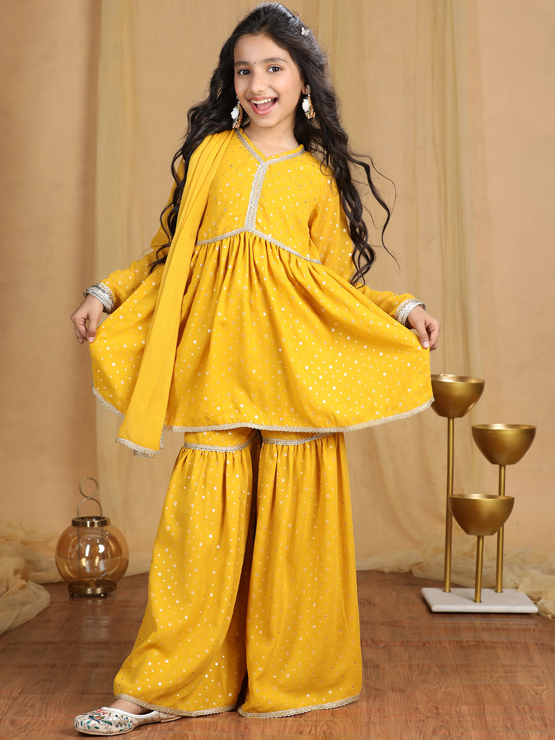 Cutiekins Girls Self Design Empire Kurta and Sharara with Dupatta -Mustard & Gold