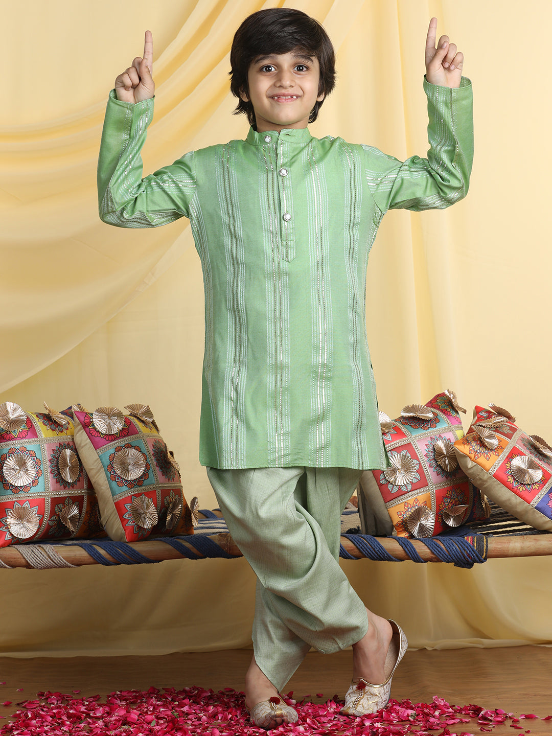 Cutiekins Boys Solid Mandarin Collar Kurta with Dhoti -Green & Silver