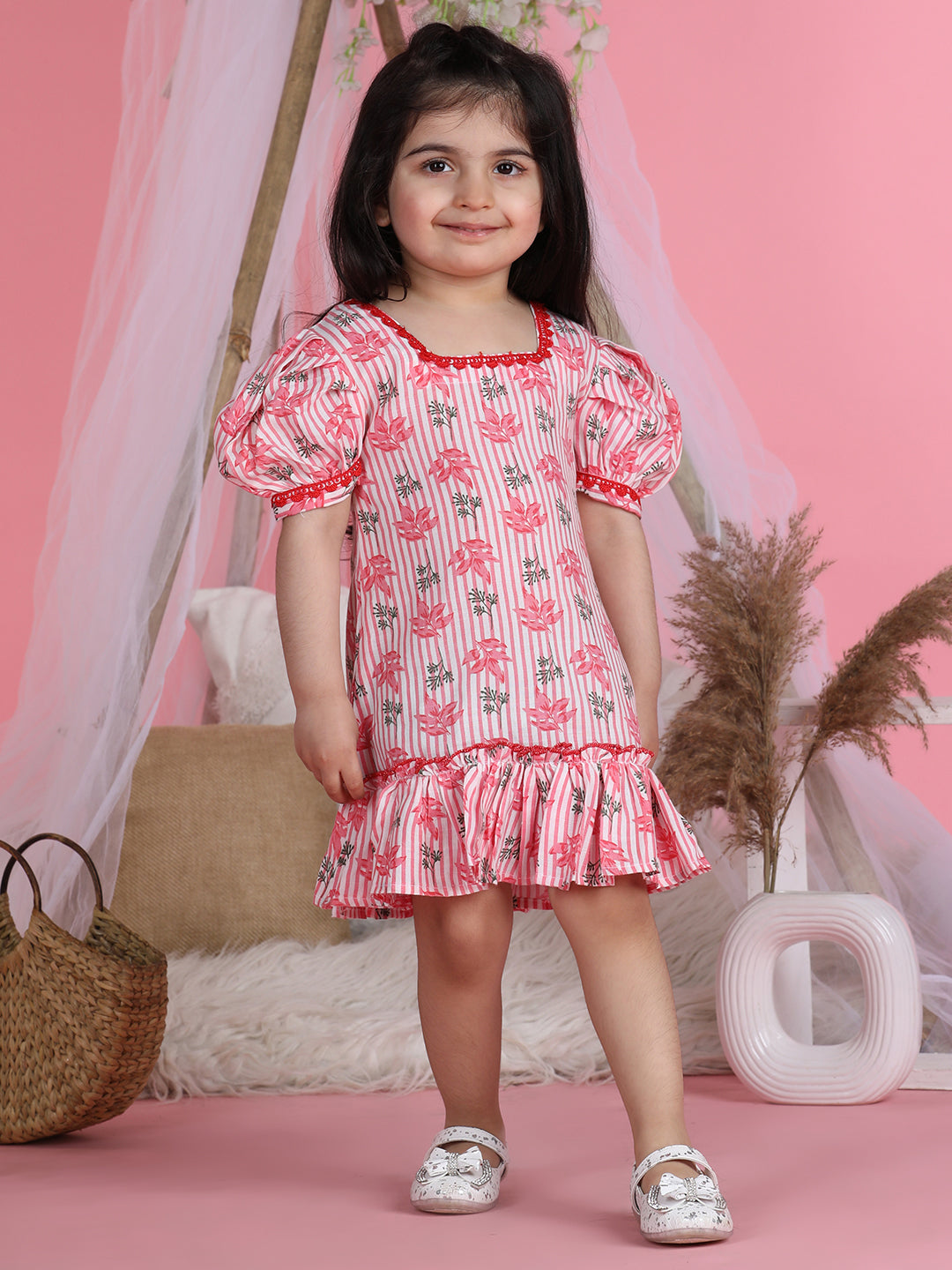 Cutiekins Square Neck Printed Flared Dress-Pink & White