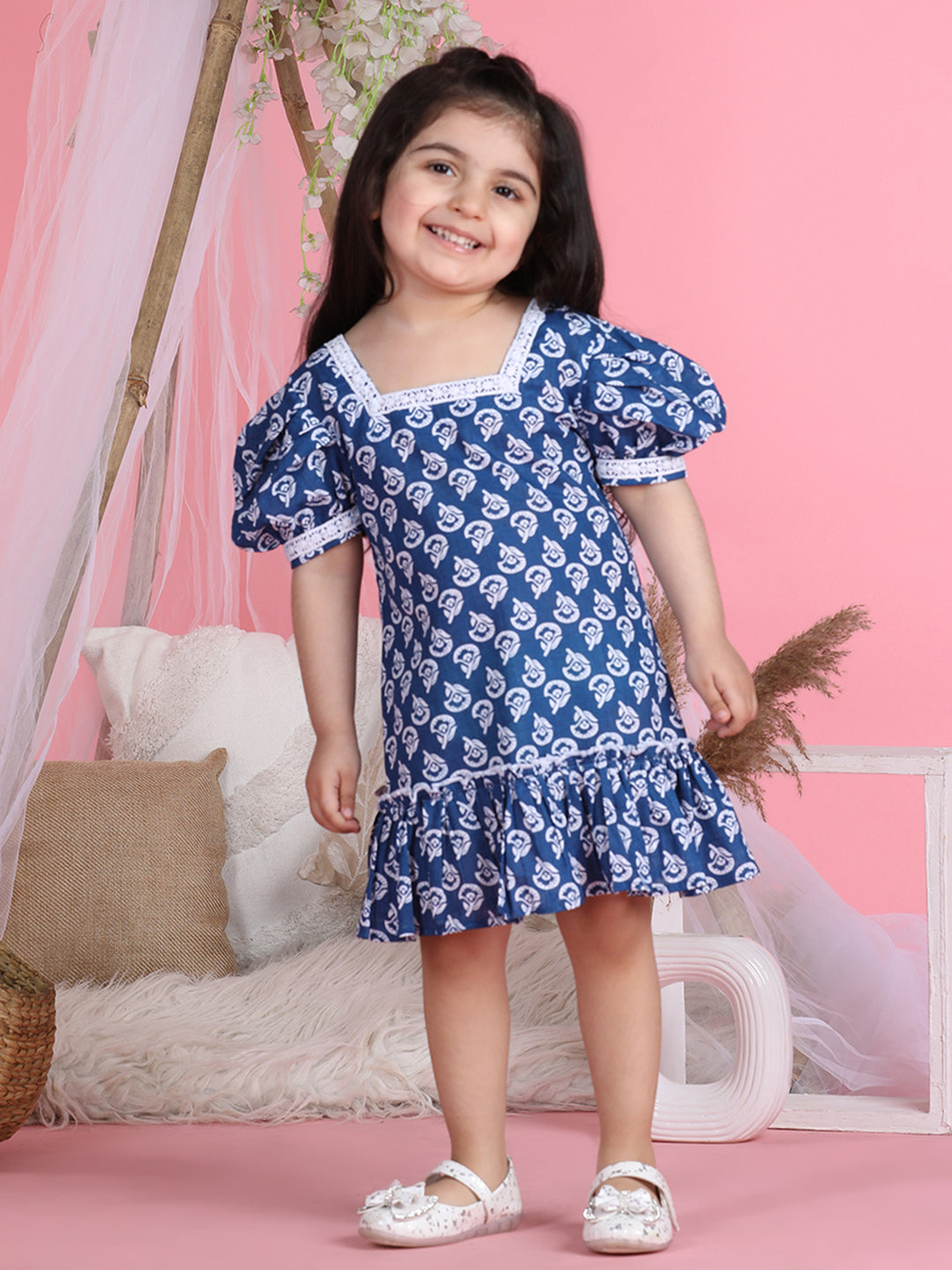 Cutiekins Square Neck Printed Flared Dress-Navy Blue & White