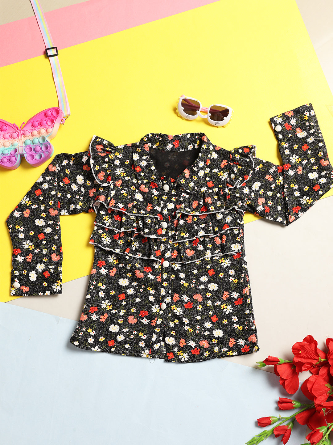 Cutiekins Girls Floral Print Ruffles Shirt Style Top -Black & Multi