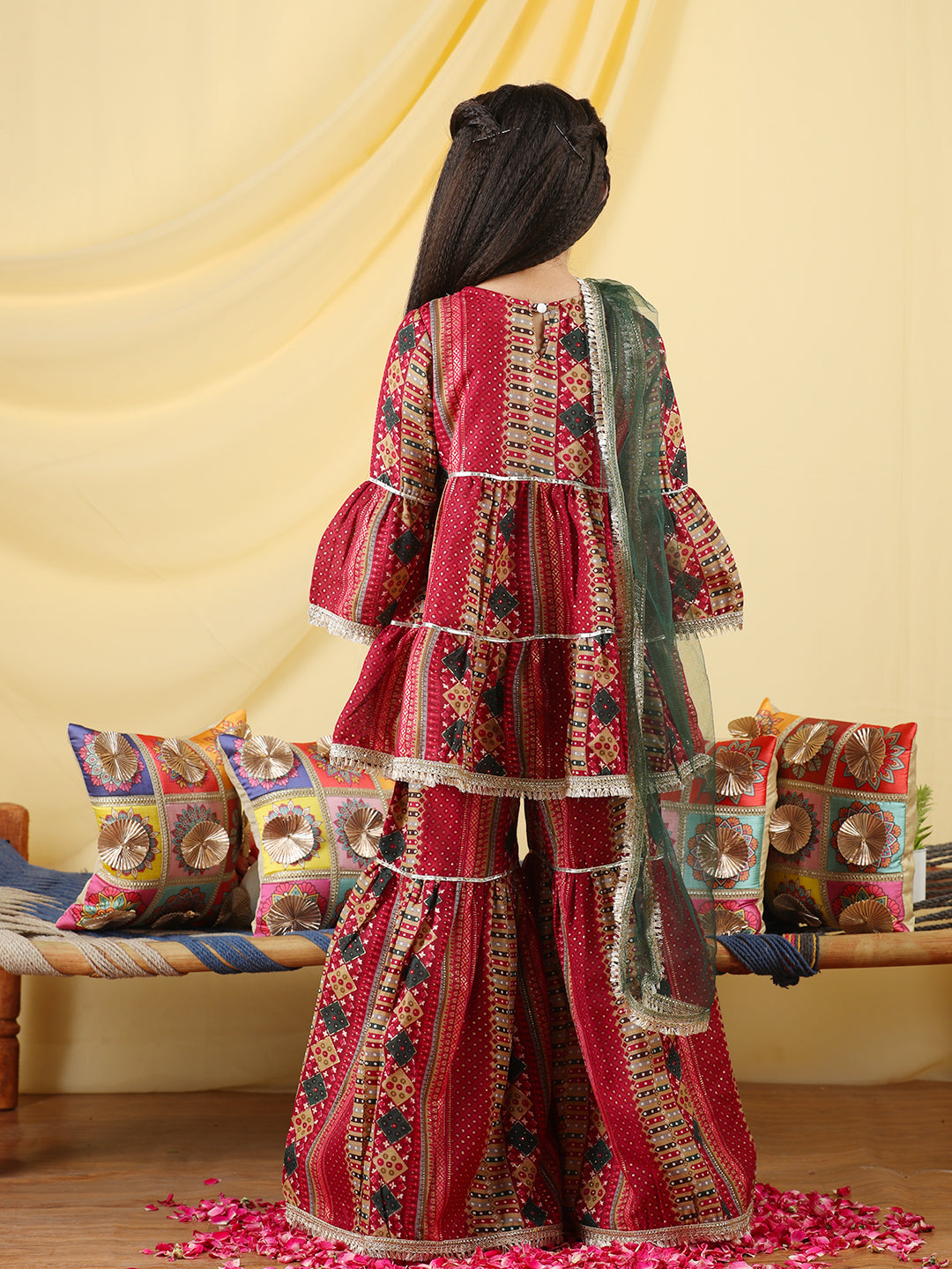 Cutiekins Girls Embroidered Bandhani Print Empire Kurta & Sharara with Dupatta -Maroon & Gold