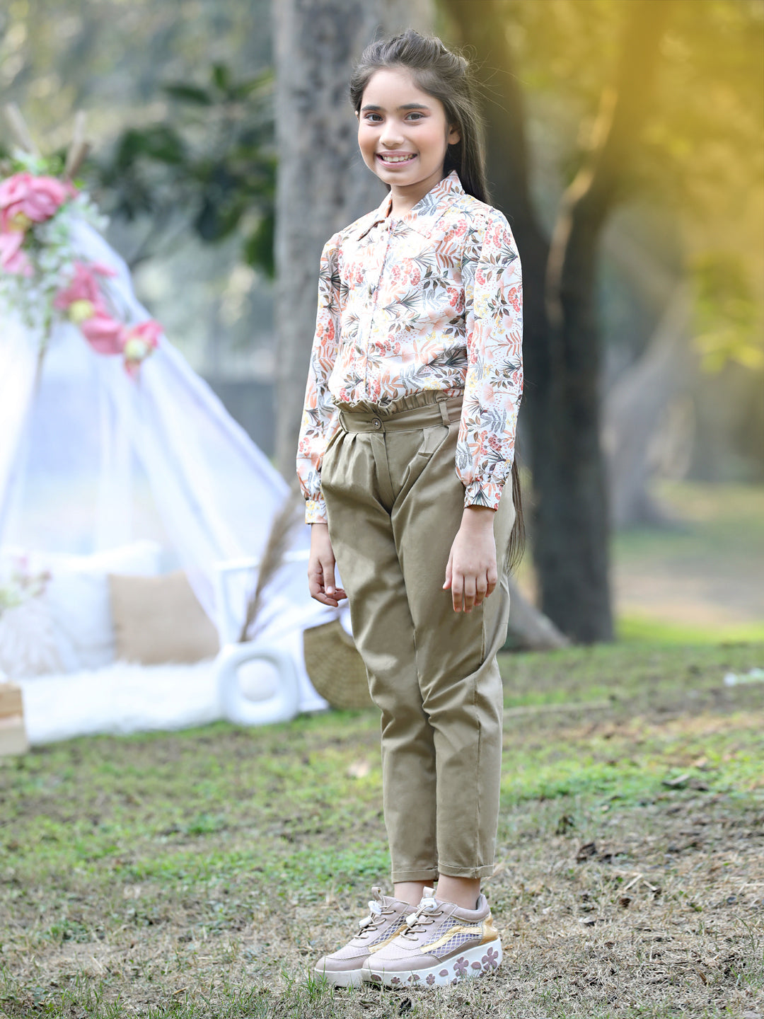 Cutiekins Collar Neck Foral Printed Regular Top & Trousers Set -Baige & Khaki