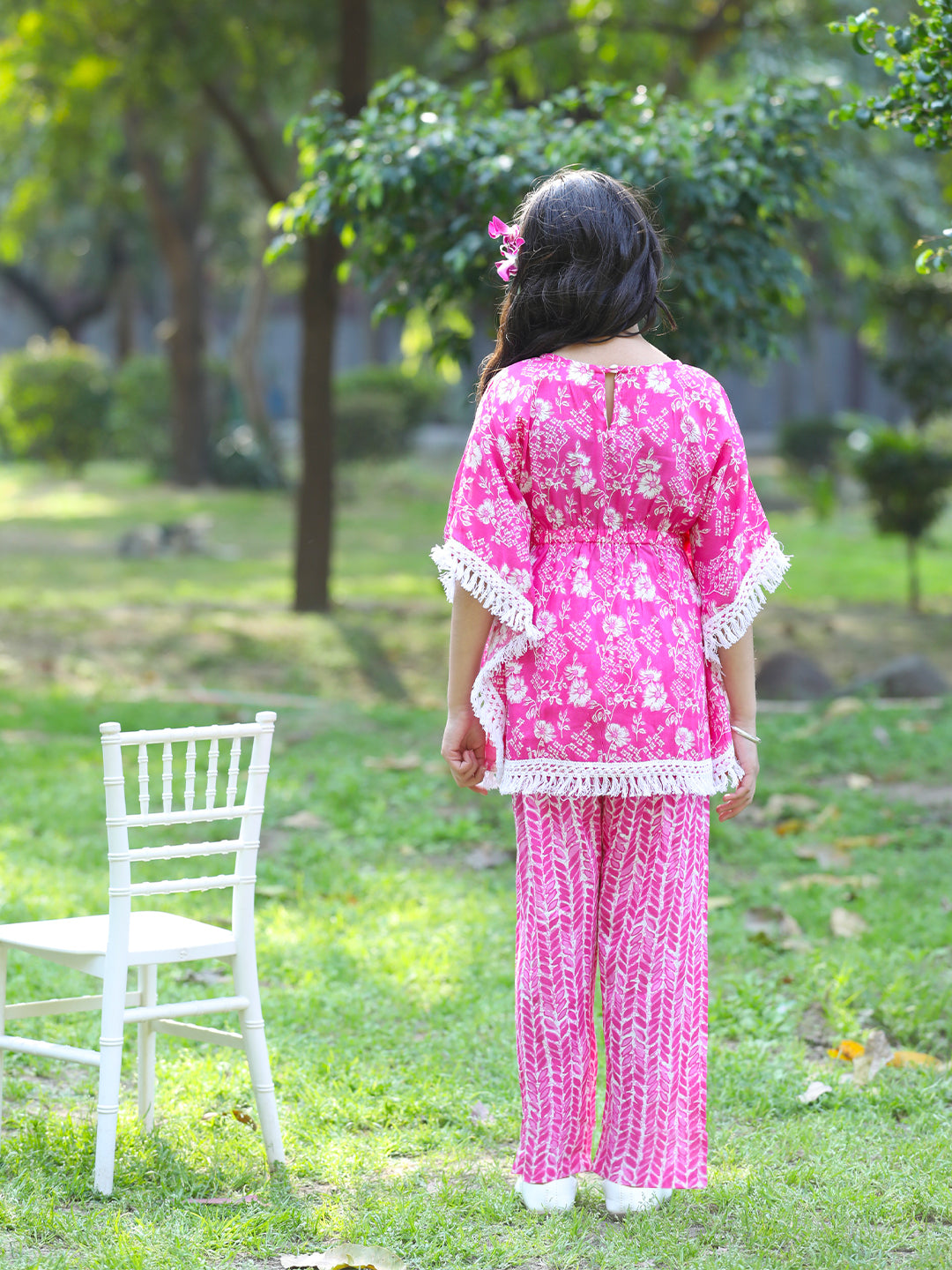 Cutiekins Girls Trendy Floral Print Kaftan Kurta and Palazzo Set -Magenta & Off White