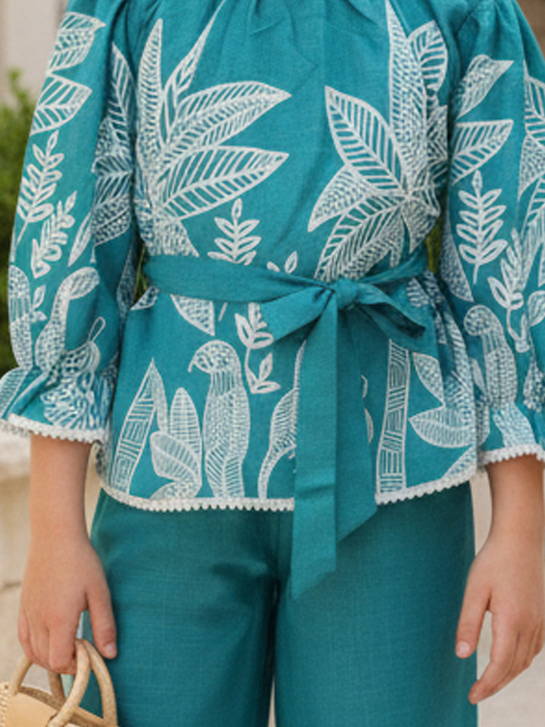 Cutiekins Girls Trendy Floral Print Peplum Top and Wide Leg Pants Co-Ord Set - Teal & White