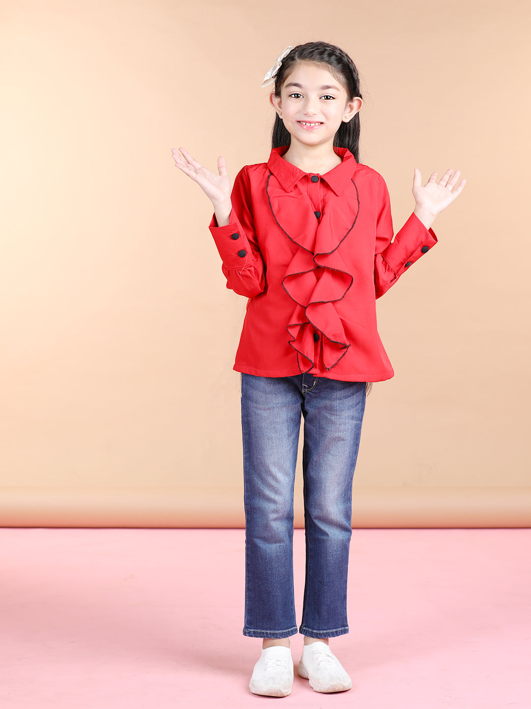 Cutiekins Polyester Front Frill Full Sleeves Top -Red & Black