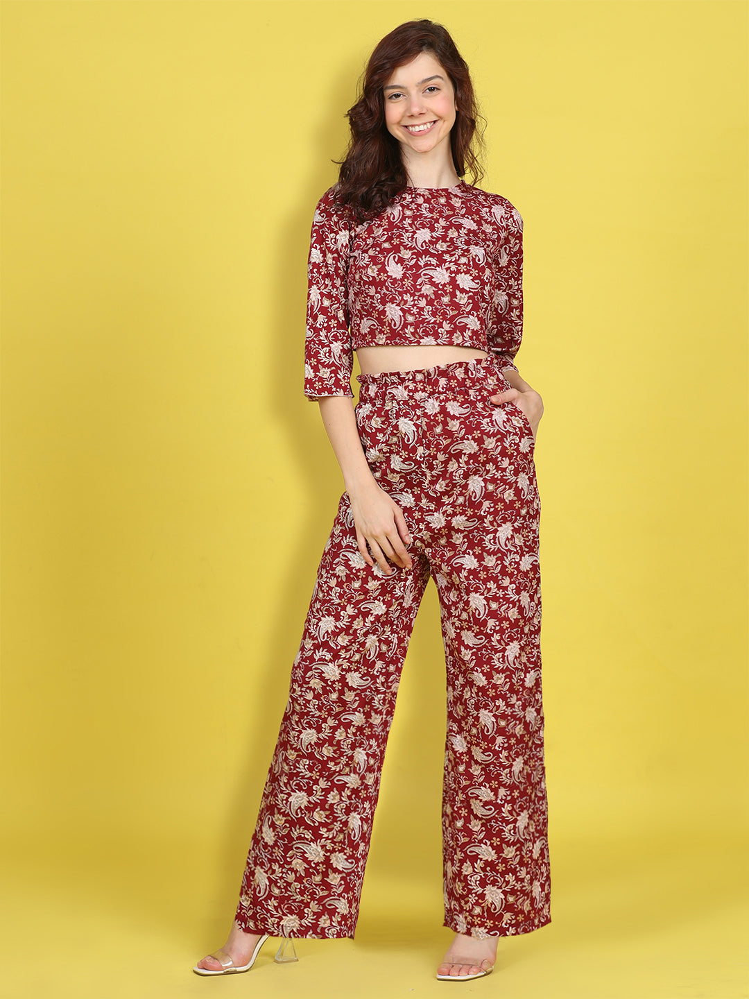 Cutiekins Girls Trendy Bold Style Printed Top & Palazzo Co-ord Set -Maroon & Off White