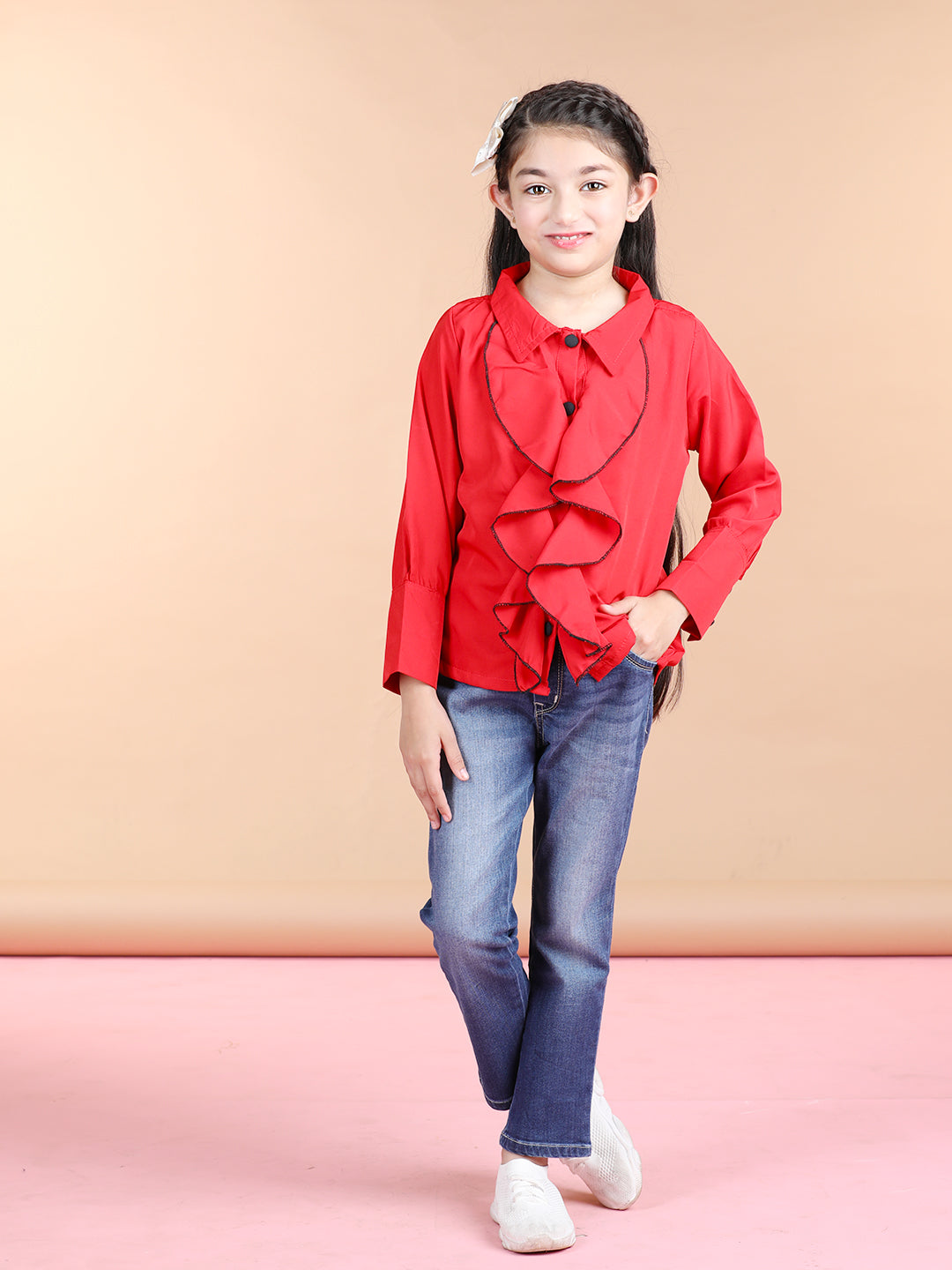 Cutiekins Polyester Front Frill Full Sleeves Top -Red & Black