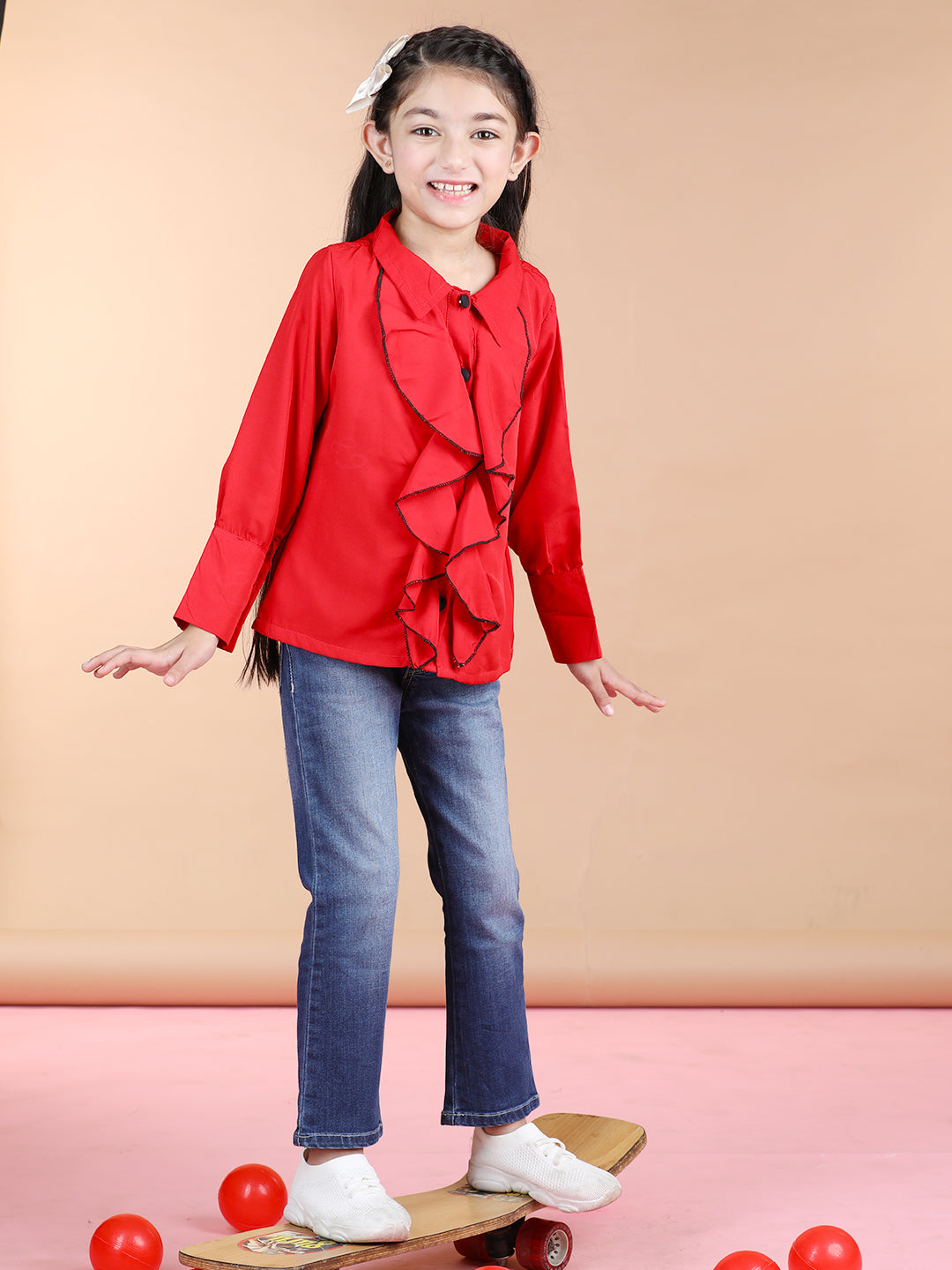 Cutiekins Polyester Front Frill Full Sleeves Top -Red & Black